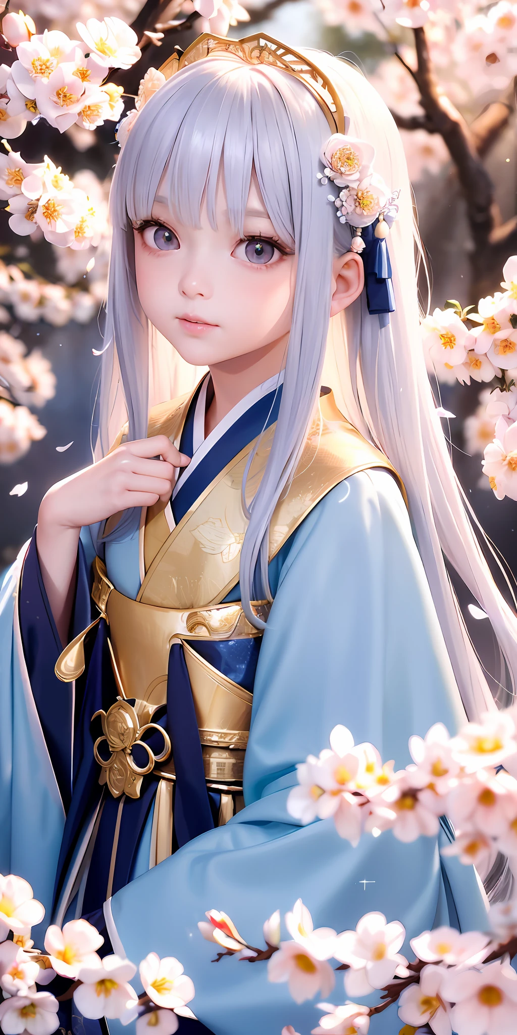 Excellent, (masterpiece, best quality: 1.2), white hair, 1 little girl, golden eyes, light blue hanfu, looking up, upper body, hair, fair skin, long hair, look at the camera, golden costume, portrait of a beautiful girl, shallow and deep scene, cherry blossom petals scattered, intricate details,