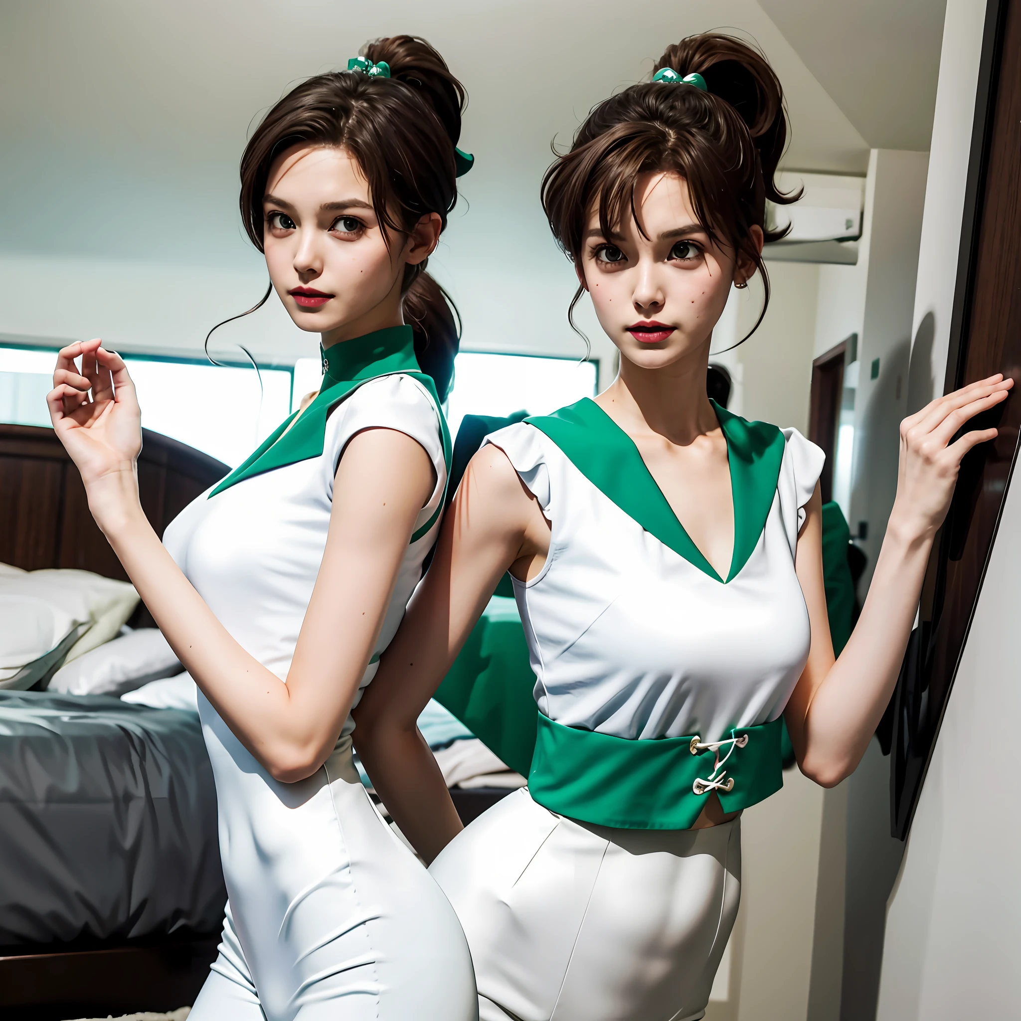 {{{{{1 girl and 1 boy}}}}}, {{{{{1 boy is standing behind 1 tall girl }}}}}, {{{{{duet}}}}}, most beautiful photo, complex, high detail, sharp focusing, dramatic, bedroom at night,  {{{{{{photo}}}}}}, 
masterpiece, best quality, highres, {{{{waist shot}}}}, {{{{{horizontal-angle shot}}}}},
 {{{{{{
SMjupiter, green eyes, ponytail, tiara, jewelry, sailor senshi uniform, green sailor collar, green choker, elbow gloves, white gloves, pink bow, brooch, white leotard, green pleats  skirt, 
{{{short torso}}}, {{{very long legs}}},  {{{very thin waist}}},  {{{very small hip}}}, {{{{{very small head}}}}}, {{{{{very oversized well-rounded breastshes like huge watermelons}}}}}, {{{{{gathered breasts}}}}}, {{{white skin}}}, {{{light brown hair}}},{{{{{{30 years old}}}}}},  {{{very angry and upset face}}}, {{{looking at the viewer}}}, {{{{{chest height perspective}}}}}, 
{{{fighting pose to the viewer}}}, 
}}}}}},  {{{{{{
{{{ugry short boy}}}, {{{long torso}}}, {{{grabbing onto the girl}}},  {{{very short legs}}},  {{{very fat waist}}},  {{{very small hip}}}, {{{{{very big head}}}}}, white shirts, gray long pants, brown shoes, black hair, 
}}}}}}