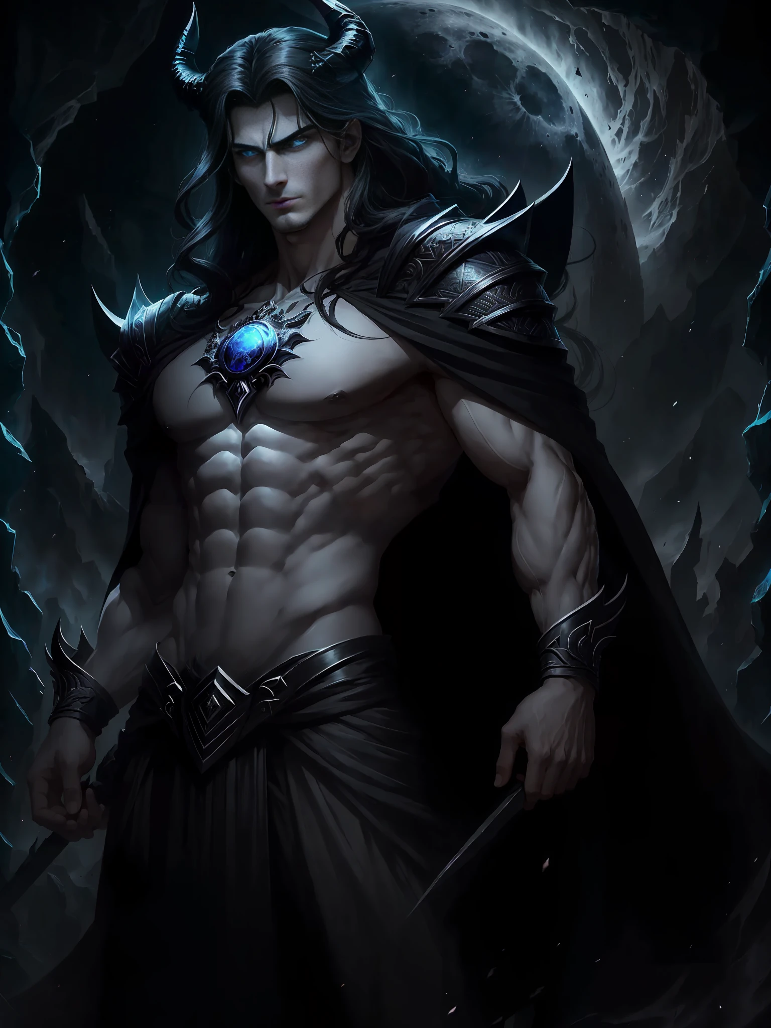 (Perfectly Detailed Eye Rendering), Create an image that depicts Hades, inspired by the book descriptions of the Hades and Persephone saga, written by Scarlett St. Clair. Hades is described as an imposing and seductive Greek god with a dark and powerful aura. He possesses a tall stature and a sculpted body, emanating strength and authority. Her black hair is long and dense, falling in seductive waves over her broad shoulders. His deep eyes are the most intense blue color, conveying a magnetic mystery. He has majestic black horns that curve elegantly around his head, further underscoring his divine nature. The expression on his face reflects a piercing gaze, full of power and knowledge of the dark world he rules. (His skin is pale as the silvery light of the moon:1.2), contrasting with the gloomy scenery around him. In addition, Hades is depicted wearing elegant and majestic costumes, which perfectly match his imposing presence. Their appearance is a balance between beauty and power, attracting both admiration and awe. When creating the image of Hades, be sure to capture his nt presence, the intensity of his gaze, and the combination of his dark and seductive features. The image should convey the strength and mystery that surrounds it, bringing to life this fascinating Greek god of the underground.