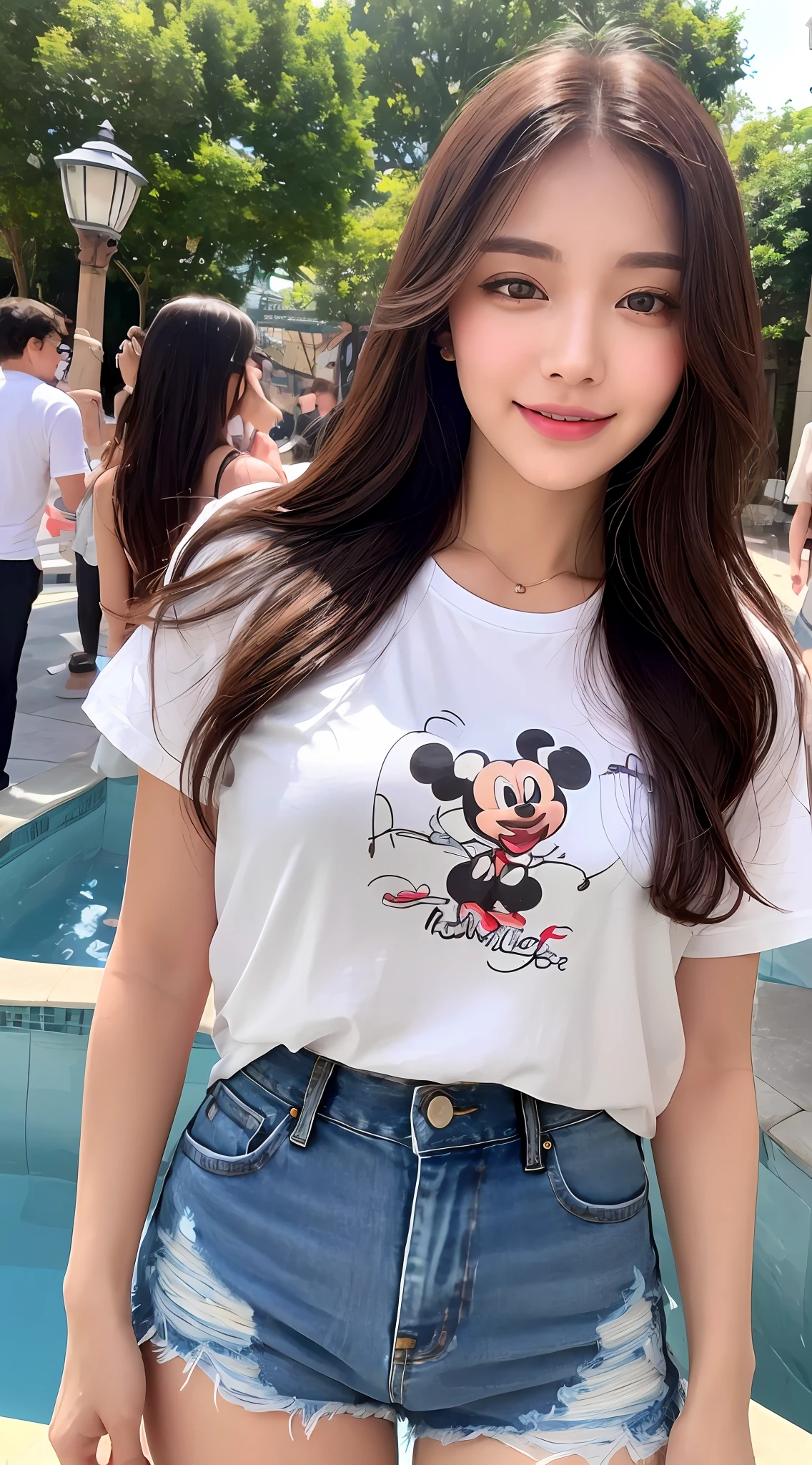 ((top quality, 8k, masterpiece: 1.3)), 1 girl, smile, full body, slim face, pretty woman, (dark brown hair), white underwear, denim shorts: 1.1, ultra detailed face, detailed eyes, double eyelids, blurred background, slim face, Disneyland, cute, t-shirt, Mickey Mouse and two shots