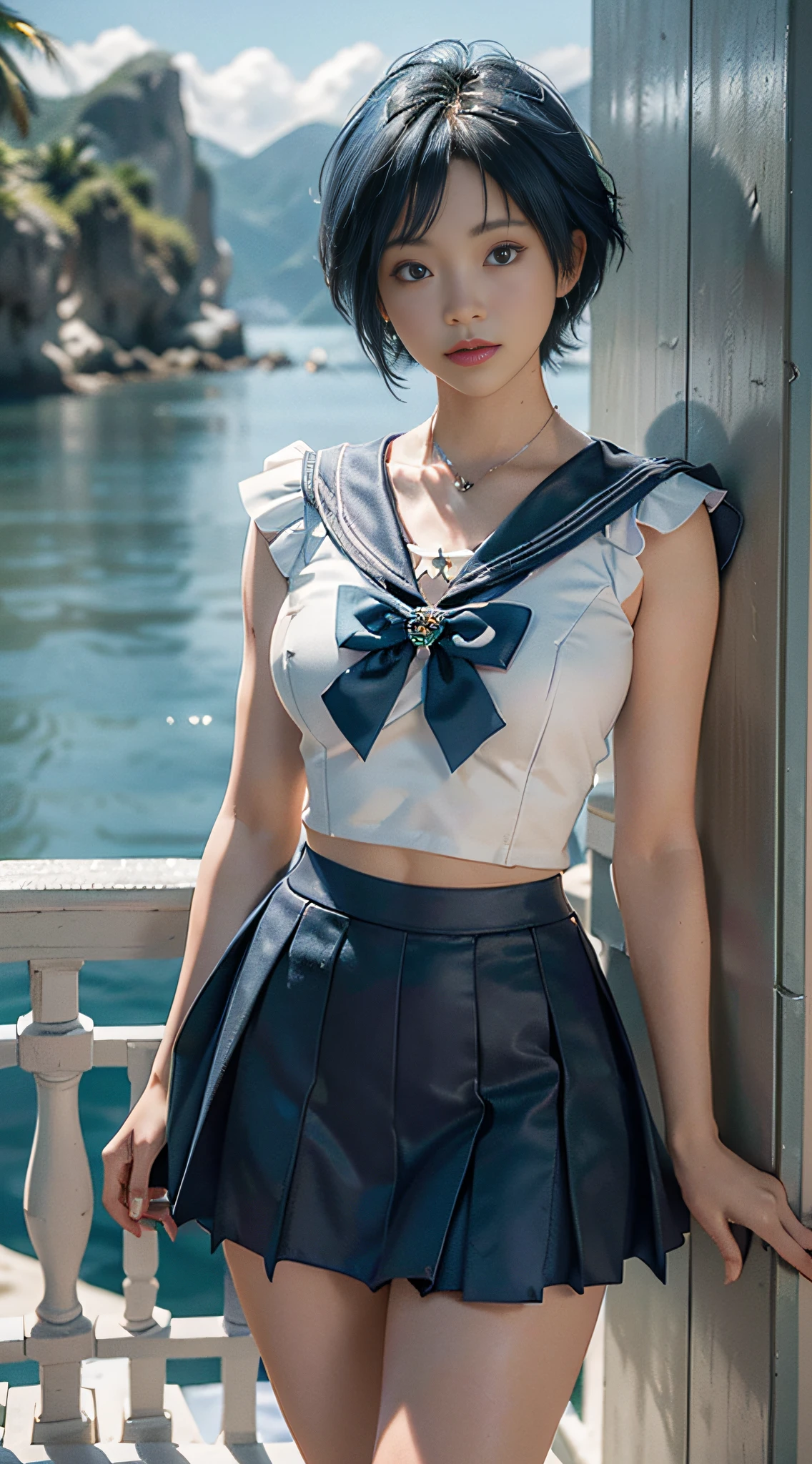 ((Best Quality)), ((Masterpiece)), (detail: 1.4), 3D, , (Sailor Moon: 2.1) ((Ami Mizuno/Sailor Crystal, Sailor Mercury)), charming smile, short hair, short blue hair, leaky belly button, vibrant blue eyes, short skirt, white top, looking at the viewer,, background of the sea in Pattaya, Thailand, dynamic pose, (excellent detail, outstanding lighting, wide angle), HDR (High Dynamic Range), ray tracing, NVIDIA RTX, Super Resolution, Unreal 5, Subsurface Scattering, PBR Textures, Post Processing, Anisotropic Filtering, Depth of Field, Maximum Sharpness and Acutance, Multi-Layer Textures, Albedo and Highlight Mapping, Surface Shading, Accurate Simulation of Light-Material Interactions, Perfect Proportions, Octane Rendering, Two-tone Lighting, Wide Aperture, Low ISO, White Balance, Rule of Thirds, 8K RAW