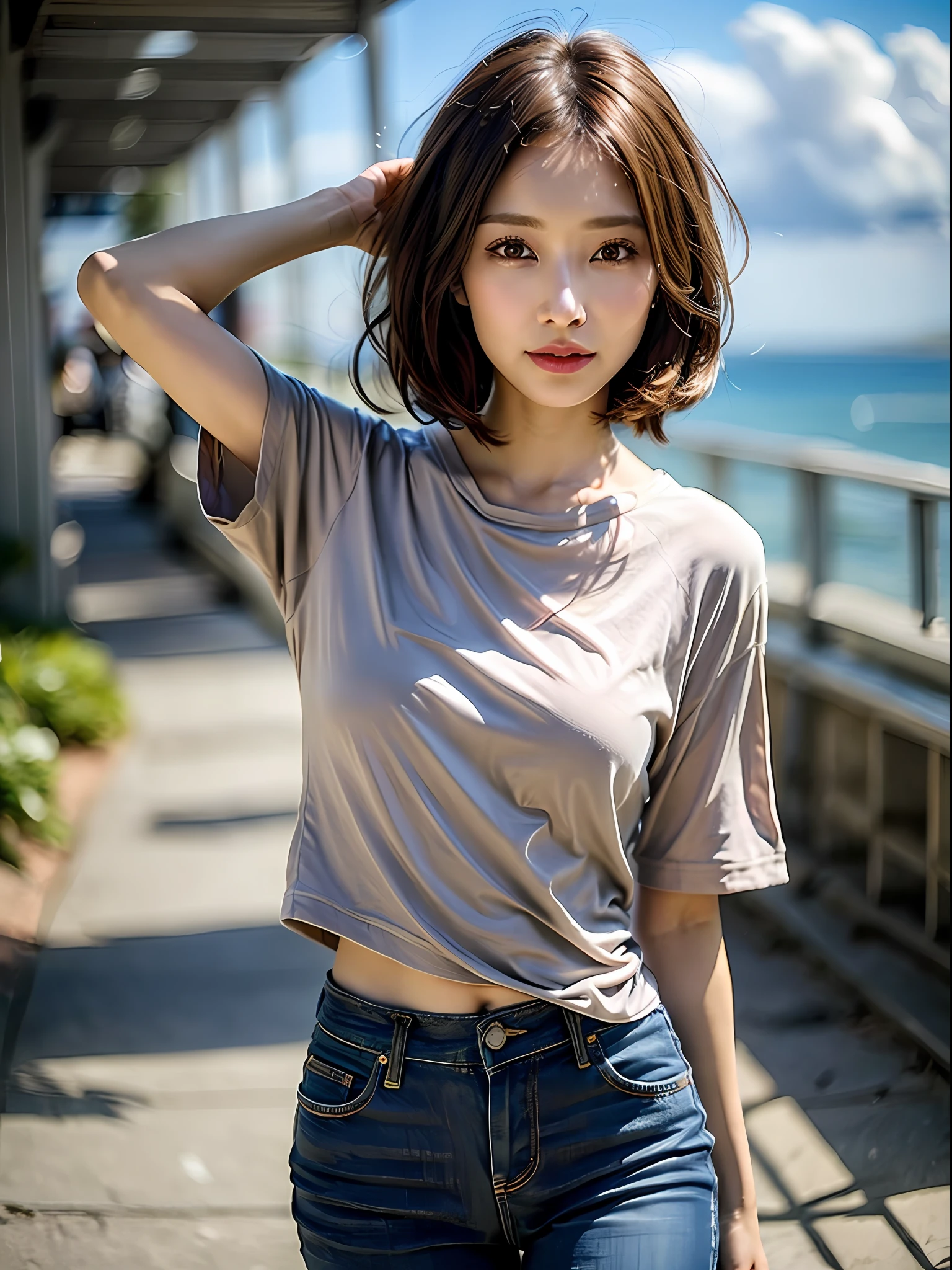 depth of field, lifelike, realistic, super detailed, beautiful, slender, cute, 30s, beautiful features, actress, mature, upper body, bright brown hair, thin hair, small face, live-action, highest quality, very elaborate CG Unity 8K wallpaper, ultra high resolution, casual denim fashion, (puffy eyes), model figure, light on hair, turn around pose, ash brown hair, Model pose, simple sky and sea background, hair length straight bob with little movement, hands around the mouth, adult clothes, hairstyle taken attractively, hair fluttering in the wind, transparent hair, elaborate hair fineness, soft hair, bright photo, less hair, so that the upper body is captured from the foot when shooting from the angle of pull, realistic light, realistic shadow, shooting with natural light, soft light, beige hair, Hair should be short bob, hair should be honey-blonde color, skin tone should be natural beige tone, natural and light styling and makeup, makeup should focus on bright lips and eye-catching mascara, bright image as if taken under natural sunlight,