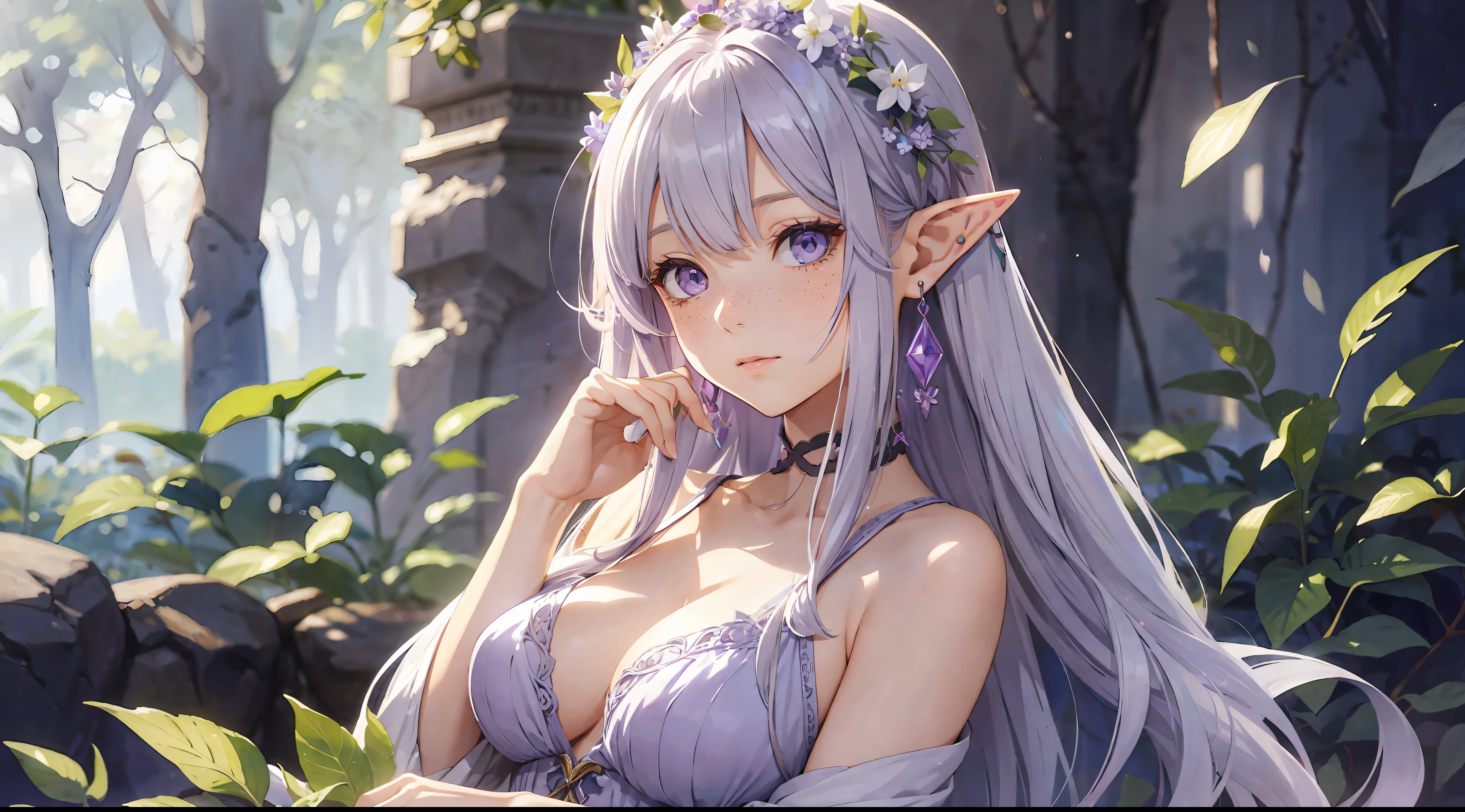 (watercolor: 1.2), elf princess, lilac flower, freckles, bangs, gray hair, long hair, lilac eyes, hair between eyes, earrings, blurred background, high resolution, beautiful breasts, medium chest, full body --auto --s2