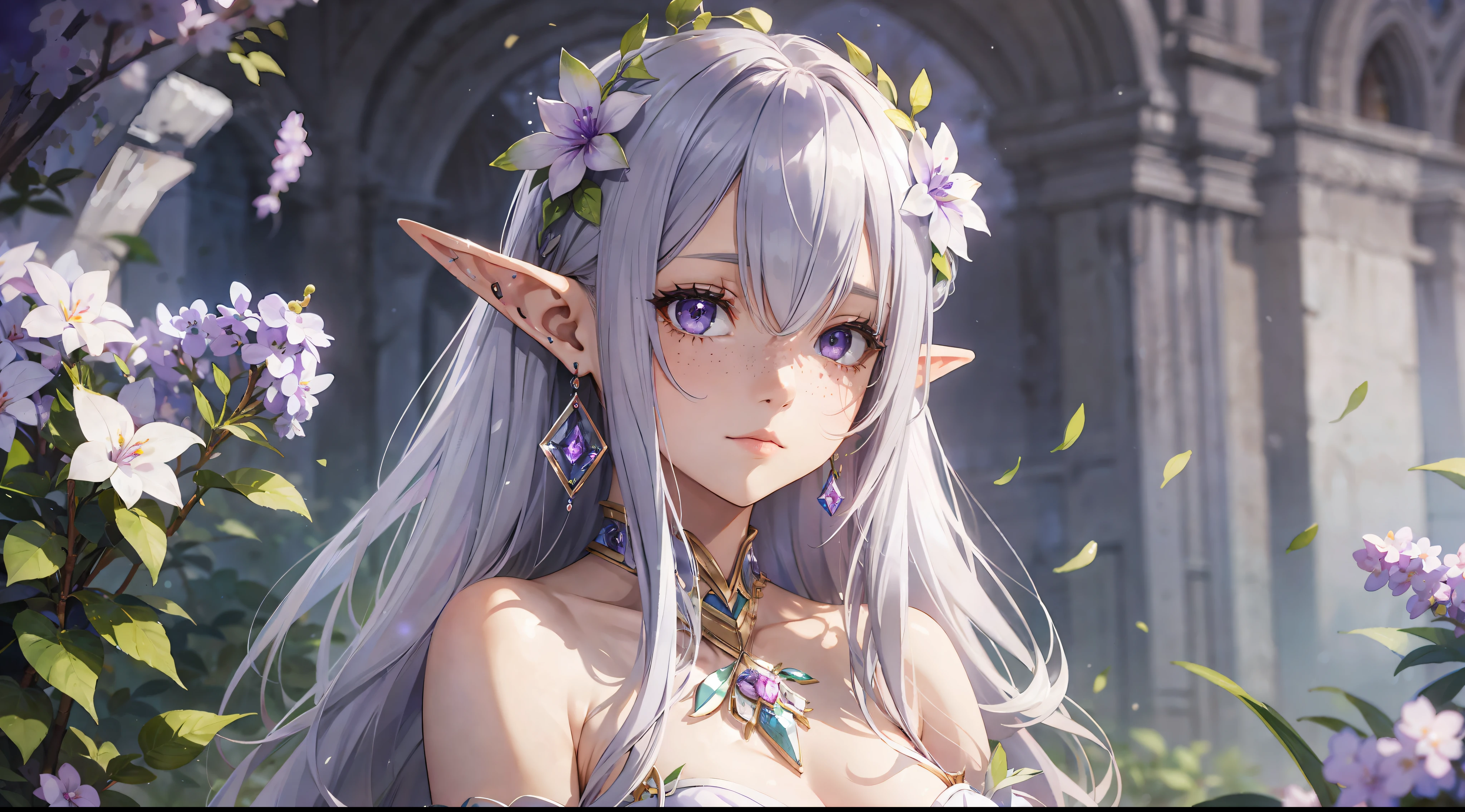 (watercolor: 1.2), elf princess, lilac flower, freckles, bangs, gray hair, long hair, lilac eyes, hair between eyes, earrings, blurred background, high resolution, beautiful breasts, medium chest, full body --auto --s2