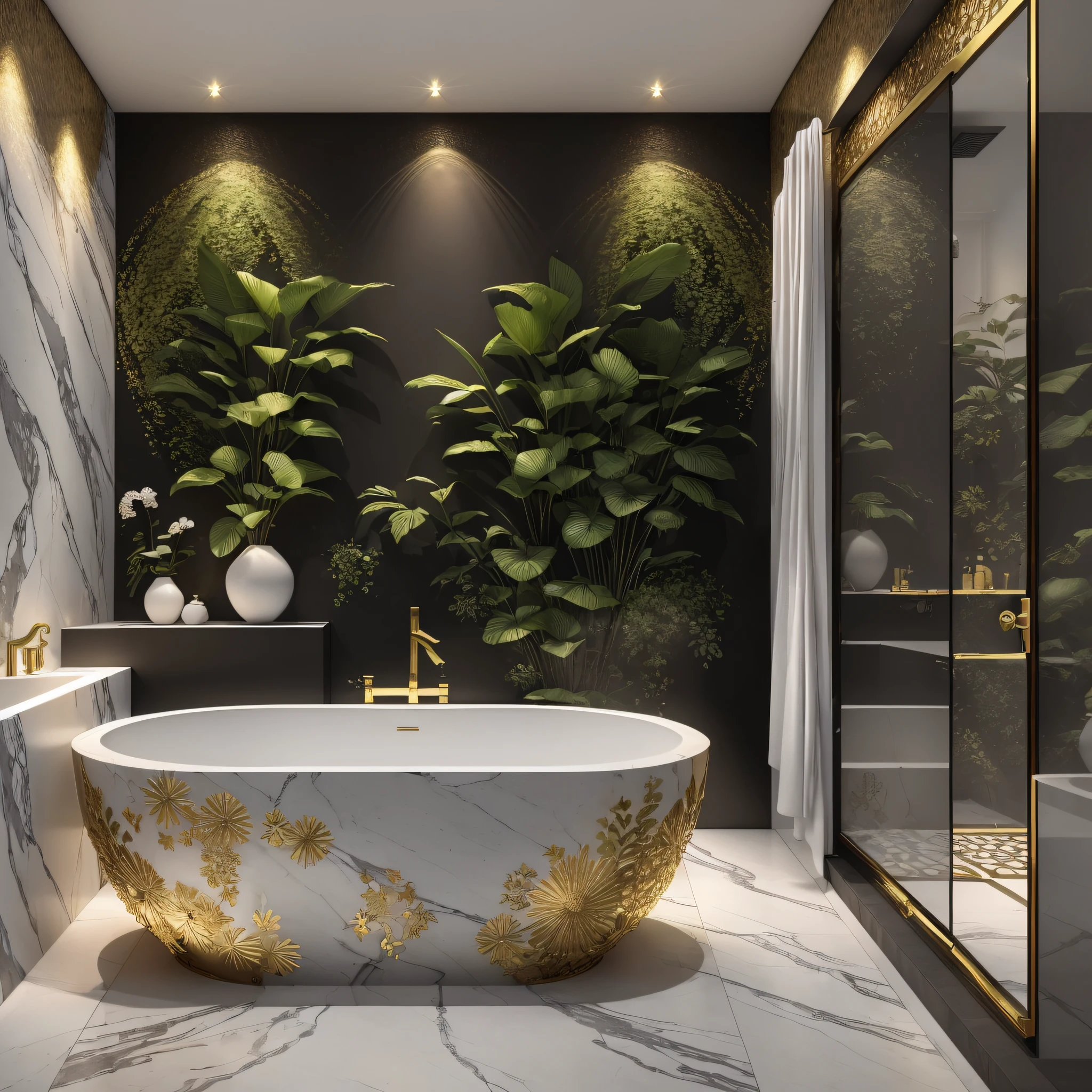 ((Top Quality, 8k, Masterpiece: 1.3)), bathroon, with bathtub, sunroon garden with fountain, black, white, with gold details --auto --s2