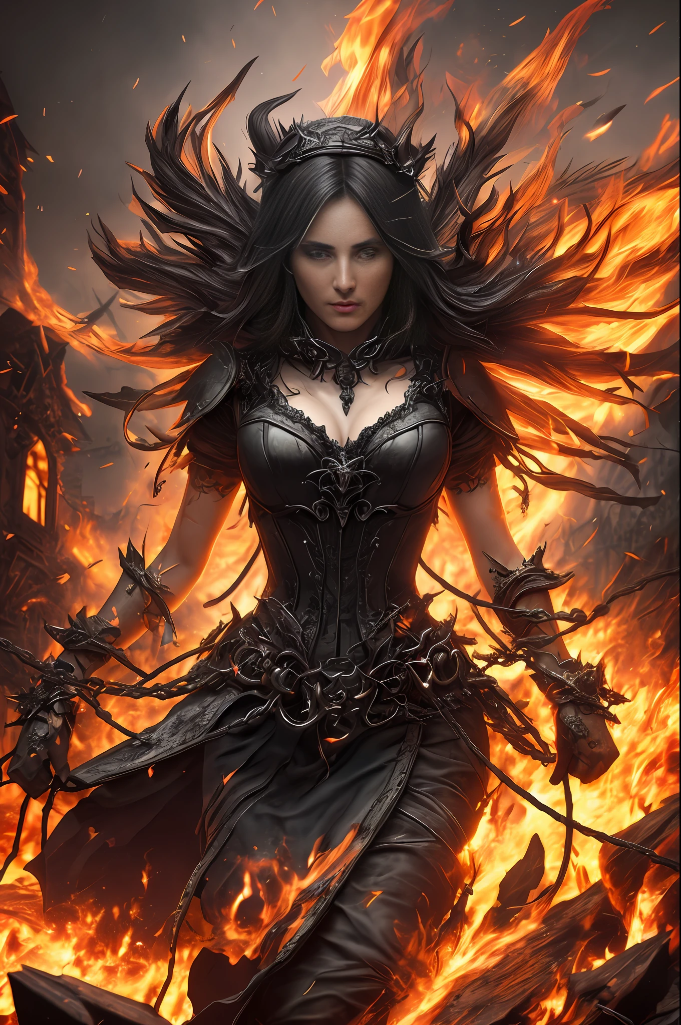 (extremely detailed 8k wallpaper) +, a mid-plane photo of a demonic sorceress conjuring fire in a burning and destroyed village, various burning chains around her,Intricate, High Detail, dramatic, best quality masterpiece, photorealistic, detailed, 8k, HDR, backlighting, flowering, chromatic aberration, sharp focus, post-apocalyptic,