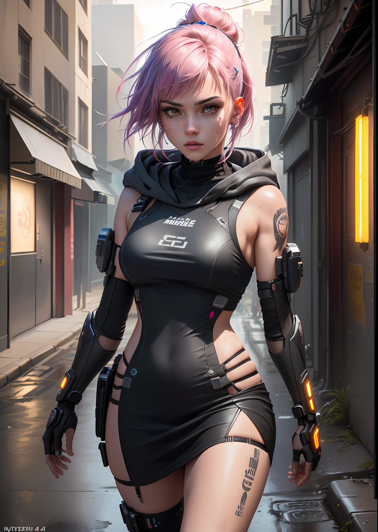 ((best quality)), ((masterpiece)), ((realistic)), (detailed), (1 girl) women, hood, arm tattoo, portrait, asymmetrical bangs, bandaid, short hair, bangs, breasts, freckles, gray eyes, large breasts, looking at the viewer, neck tattoo, nose piercing, pink hair, solo, face tattoo, upper body, detailed background, city, alley, dark alley, portrait, hood, night, angry, close up, closed mouth, ((masterpiece)), absurd, wet skin, dynamic view, fair skin, , (detailed face), sunset, sweaty, dirt, post-apocalyptic, long hair, cyberpunk, (modelshoot style), nsfw, catastanna20, render 3d, beautiful, rendered in redshift, render 3d stylized, cyberpunk, sci-fi character rendering, sci-fi character, stylized as a 3d render, quality 8k, unreal engine 5, nvidia dlss, ((Best Quality)), ((masterpiece)), (detailed: 1.4), 3D, cyberpunk, HDR (High Dynamic Range),Ray Tracing, NVIDIA RTX, Super-Resolution, Unreal 5, Subsurface Dispersion, PBR Texture, Post-processing, Anisotropic filtering, Depth of field, Maximum clarity and sharpness, realistic details, without duplicating parts of the character, attention to small details.