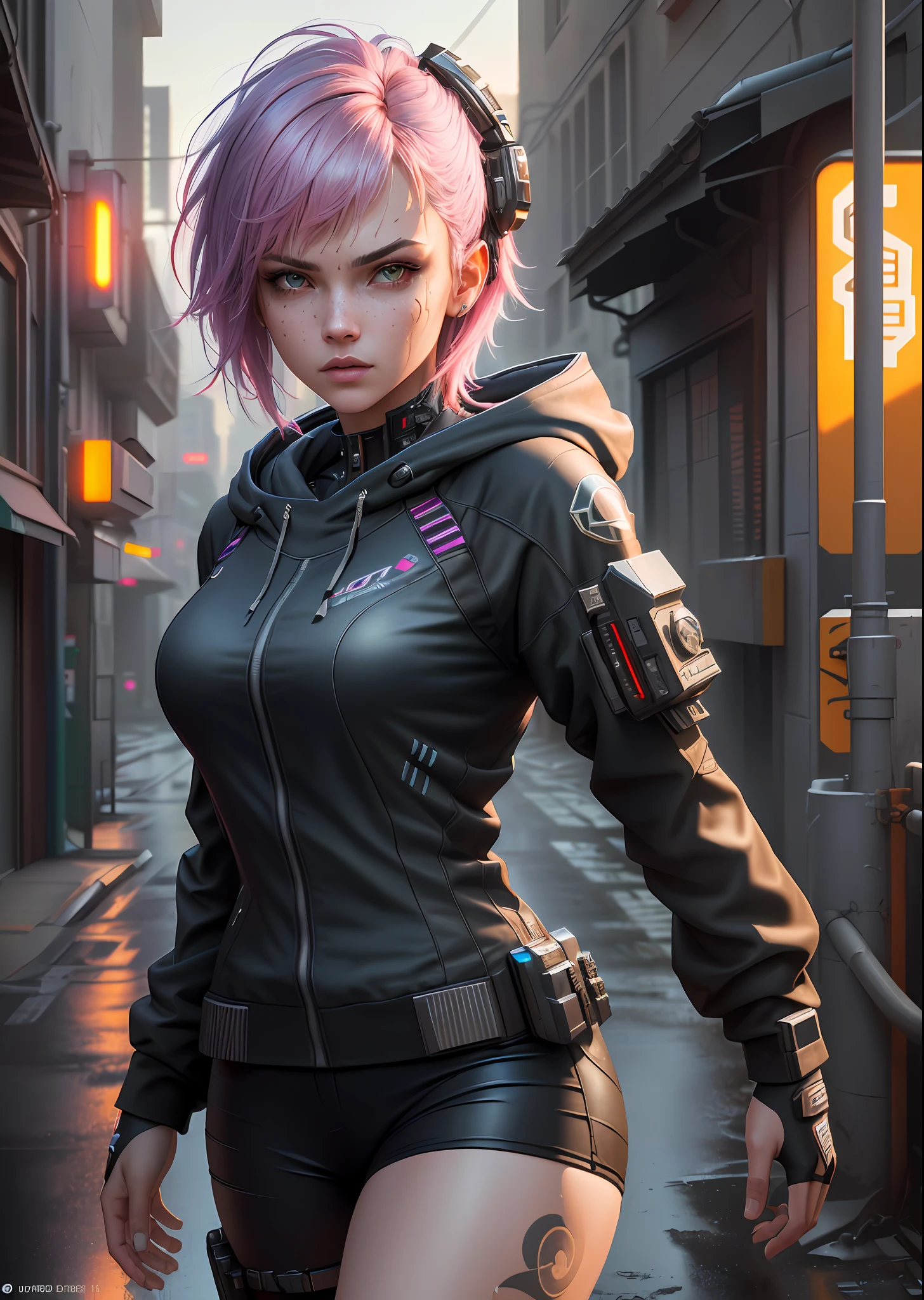((best quality)), ((masterpiece)), ((realistic)), (detailed), (1 girl) women, hood, arm tattoo, portrait, asymmetrical bangs, bandaid, short hair, bangs, breasts, freckles, gray eyes, large breasts, looking at the viewer, neck tattoo, nose piercing, pink hair, solo, face tattoo, upper body, detailed background, city, alley, dark alley, portrait, hood, night, angry, close up, closed mouth, ((masterpiece)), absurd, wet skin, dynamic view, fair skin, , (detailed face), sunset, sweaty, dirt, post-apocalyptic, long hair, cyberpunk, (modelshoot style), nsfw, catastanna20, render 3d, beautiful, rendered in redshift, render 3d stylized, cyberpunk, sci-fi character rendering, sci-fi character, stylized as a 3d render, quality 8k, unreal engine 5, nvidia dlss, ((Best Quality)), ((masterpiece)), (detailed: 1.4), 3D, cyberpunk, HDR (High Dynamic Range),Ray Tracing, NVIDIA RTX, Super-Resolution, Unreal 5, Subsurface Dispersion, PBR Texture, Post-processing, Anisotropic filtering, Depth of field, Maximum clarity and sharpness, realistic details, without duplicating parts of the character, attention to small details.