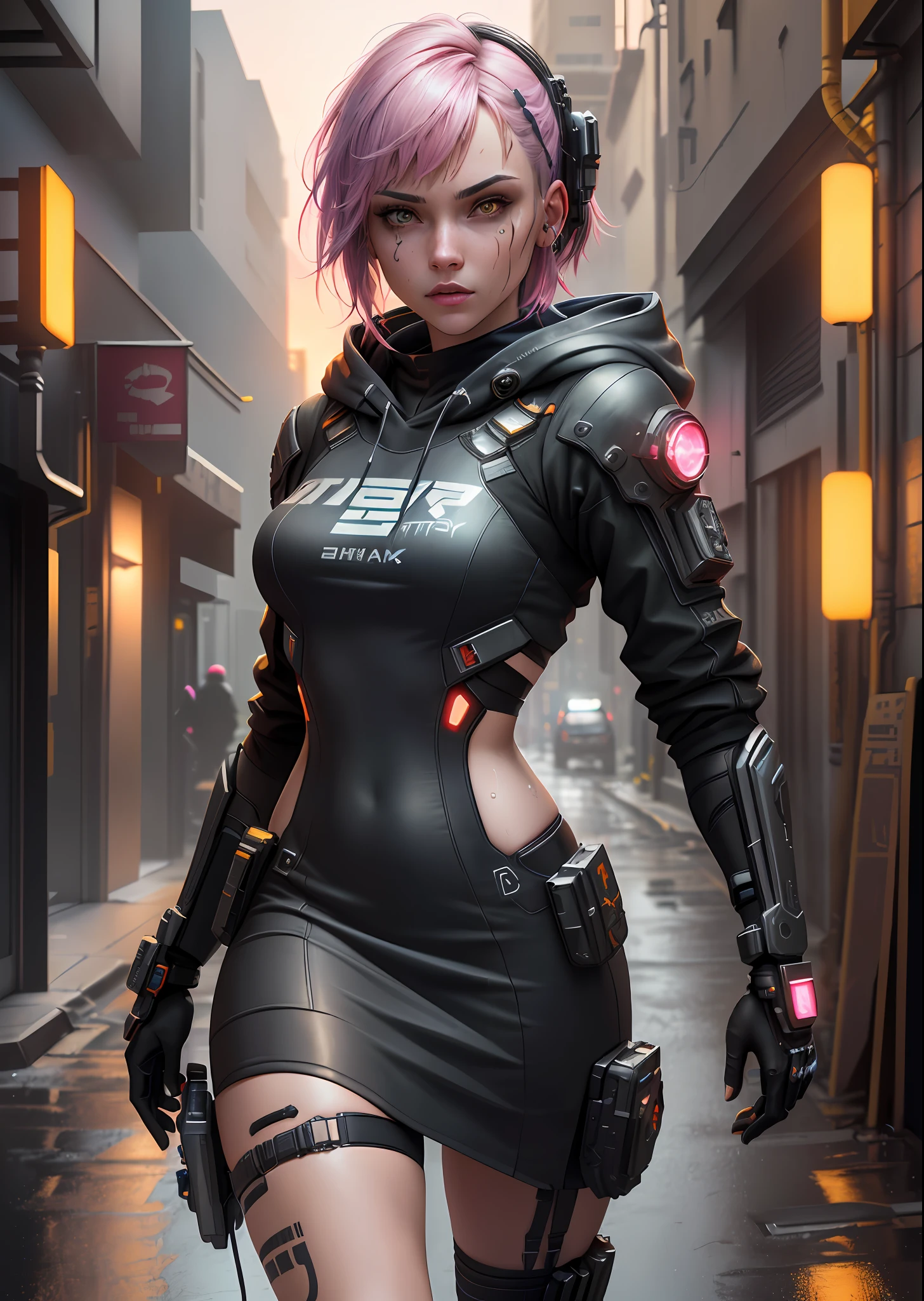 ((best quality)), ((masterpiece)), ((realistic)), (detailed), (1 girl) women, hood, arm tattoo, portrait, asymmetrical bangs, bandaid, short hair, bangs, breasts, freckles, gray eyes, large breasts, looking at the viewer, neck tattoo, nose piercing, pink hair, solo, face tattoo, upper body, detailed background, city, alley, dark alley, portrait, hood, night,  angry, close up, closed mouth, ((masterpiece)), absurd, wet skin, dynamic view, fair skin, , (detailed face), sunset, sweaty, dirt, post-apocalyptic, long hair, cyberpunk, (modelshoot style), nsfw, catastanna20, render 3d, beautiful, rendered in redshift, render 3d stylized, cyberpunk, sci-fi character rendering, sci-fi character, stylized as a 3d render, quality 8k, unreal engine 5, nvidia dlss,  ((Best Quality)), ((masterpiece)), (detailed: 1.4), 3D, cyberpunk, HDR (High Dynamic Range),Ray Tracing, NVIDIA RTX, Super-Resolution, Unreal 5, Subsurface Dispersion, PBR Texture, Post-processing, Anisotropic filtering, Depth of field, Maximum clarity and sharpness, realistic details, without duplicating parts of the character, attention to small details.