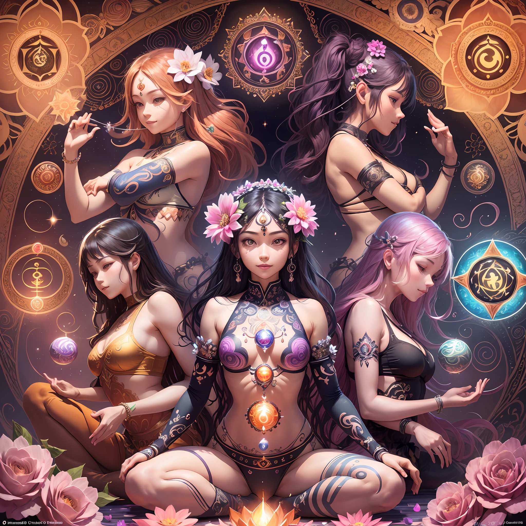 (masterpiece), best illustration, ultra-detailed, yoga poses, seven chakras, each chakra represented by a different yoga pose or symbol, the poses and symbols should be highly detailed and intricately rendered in a dynamic and visually compelling manner. Flower, smile, Surrealism, mosaic art, sparkle, backlighting, 8k, super detail.