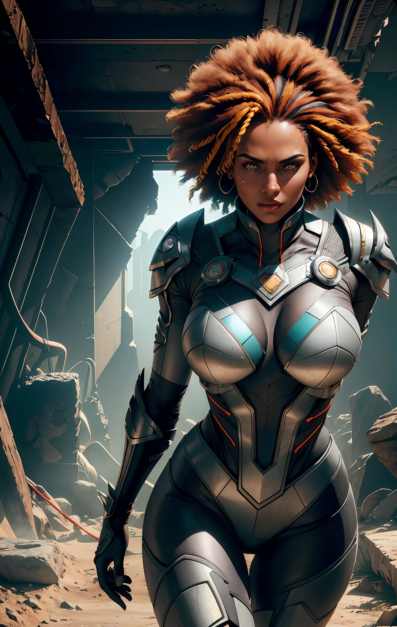 (comic style), (colored line art:1.5), ((Best quality)), ((masterpiece)), (detailed:1.4), (((action pose))), 3D, an image of a beautiful post apocalyptic afro female in super heroine costume,HDR (High Dynamic Range),Ray Tracing,NVIDIA RTX,Super-Resolution,Unreal 5,Subsurface scattering,PBR Texturing,Post-processing,Anisotropic Filtering,Depth-of-field,Maximum clarity and sharpness,Multi-layered textures,Albedo and Specular maps,Surface shading,Accurate simulation of light-material interaction,Perfect proportions,Octane Render,Two-tone lighting,Wide aperture,Low ISO,White balance,Rule of thirds,8K RAW, (realistic:1.3), (mature adult:1.5)