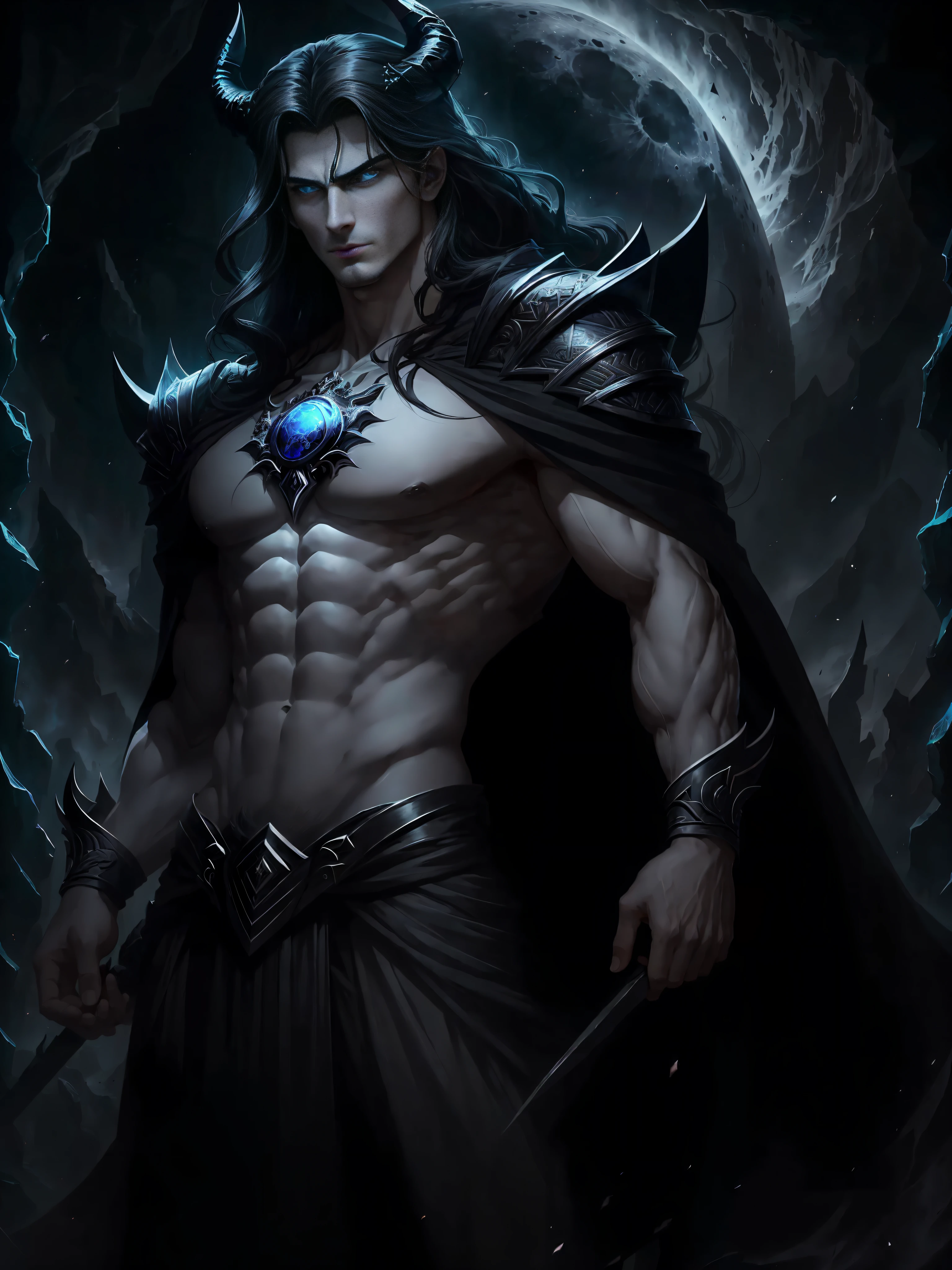 (Perfectly Detailed Eye Rendering), Create an image that depicts Hades, inspired by the book descriptions of the Hades and Persephone saga, written by Scarlett St. Clair. Hades is described as an imposing and seductive Greek god with a dark and powerful aura. He possesses a tall stature and a sculpted body, emanating strength and authority. Her black hair is long and dense, falling in seductive waves over her broad shoulders. His deep eyes are the most intense blue color, conveying a magnetic mystery. He has majestic black horns that curve elegantly around his head, further underscoring his divine nature. The expression on his face reflects a piercing gaze, full of power and knowledge of the dark world he rules. (His skin is pale as the silvery light of the moon:1.2), contrasting with the gloomy scenery around him. In addition, Hades is depicted wearing elegant and majestic costumes, which perfectly match his imposing presence. Their appearance is a balance between beauty and power, attracting both admiration and awe. When creating the image of Hades, be sure to capture his nt presence, the intensity of his gaze, and the combination of his dark and seductive features. The image should convey the strength and mystery that surrounds it, bringing to life this fascinating Greek god of the underground.