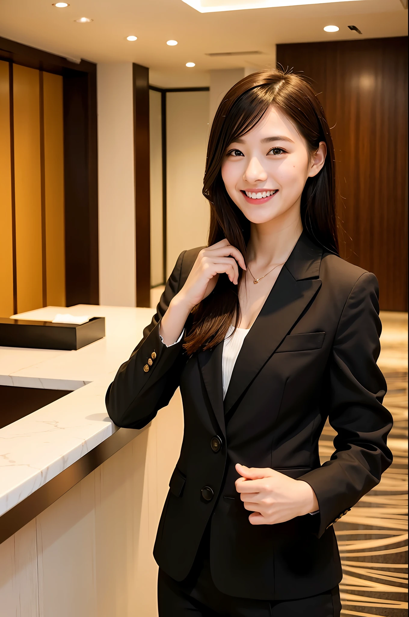 Girl in hotel black suit standing smiling at hotel reception, (best quality, masterpiece: 1.2), woman