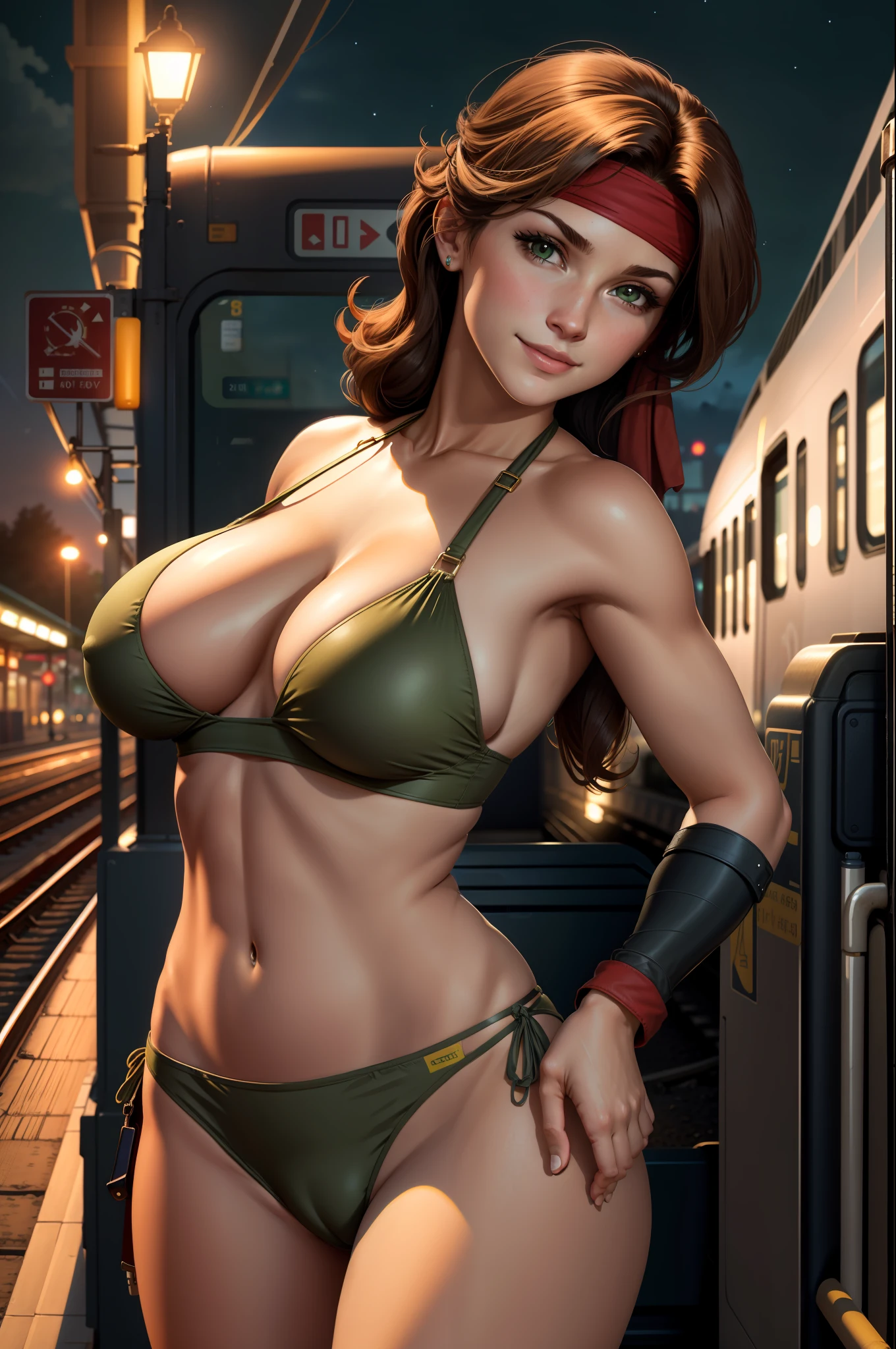 masterpiece, best quality, jessie rasberry, headband, khaki green bikini, cameltoe, smirk, looking at viewer, train station, night, (huge breasts)