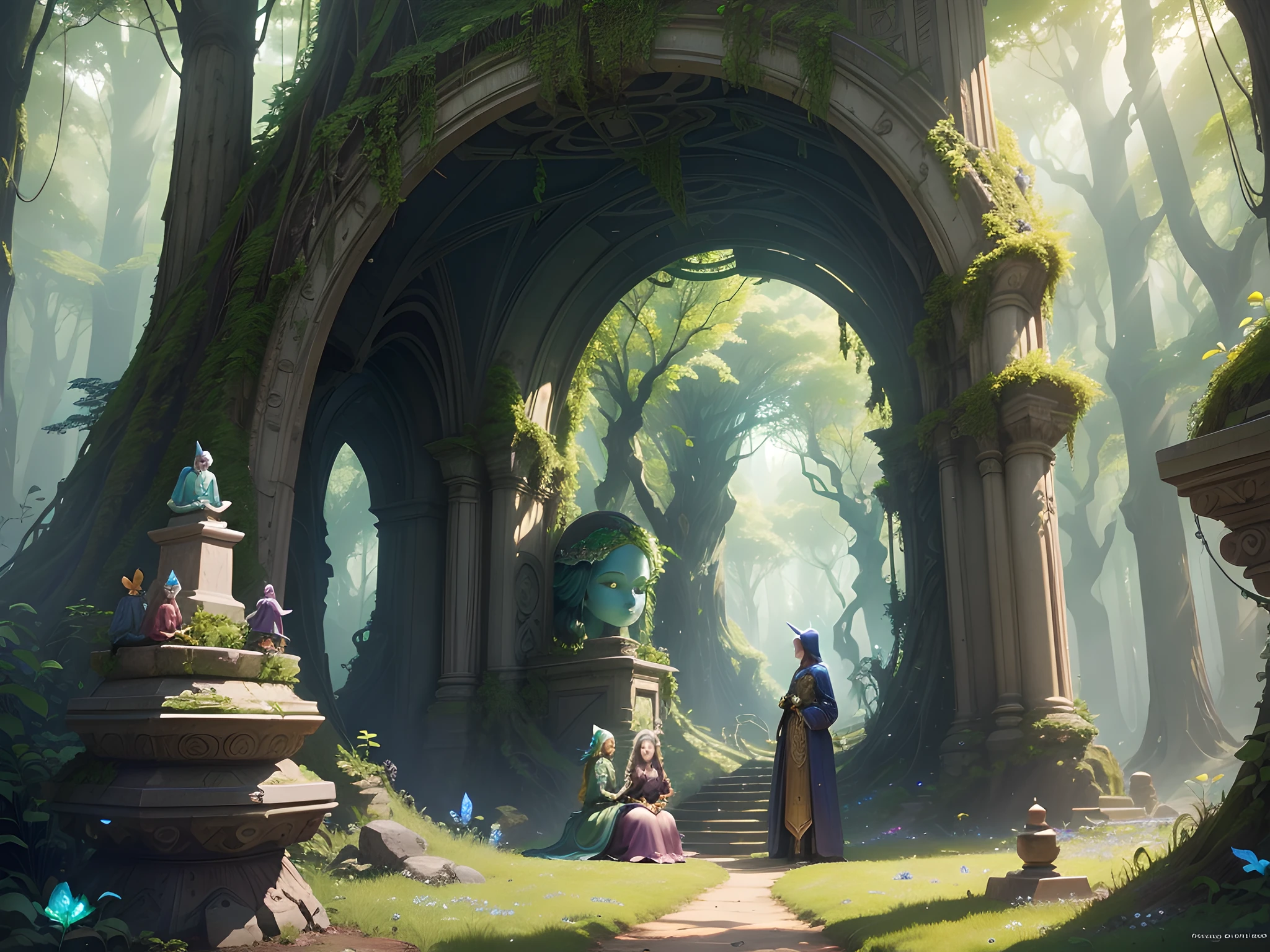 a group of people sitting on top of a lush green forest, moebius and android jones, unreal engine: .2, many stone statues, in style of anna dittmann, giant head statue ruins, little nightmares, movie promotional image, with ethereal light, standing in a grotto, gnome, among golden fireflies, artsation contest winner, beautiful fairie