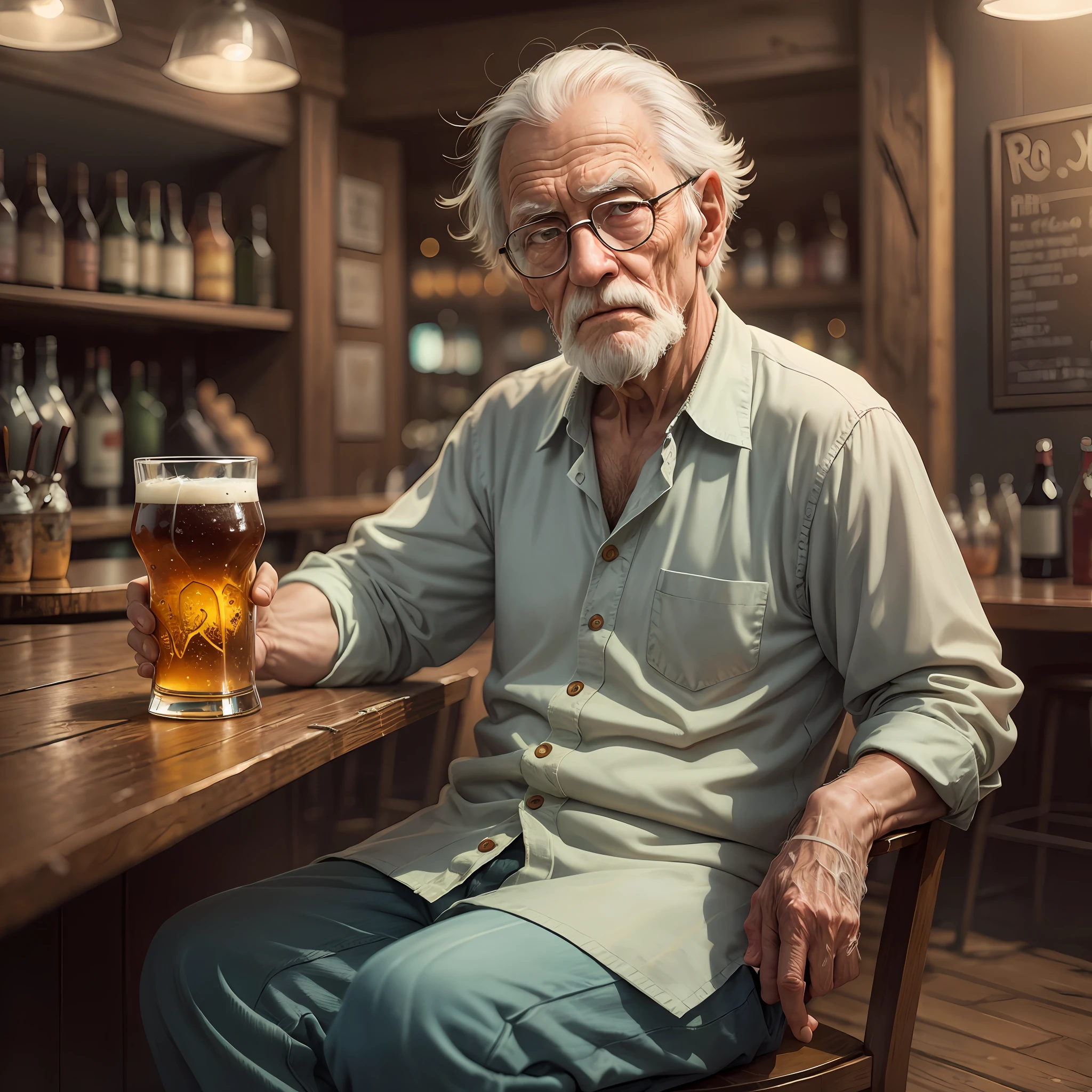 High resolution image with realistic art style. An elderly seagull man sitting alone in the dark in a bar. He's staring thoughtfully at a glass of beer while a melancholy atmosphere envelops the entire room. --auto --s2