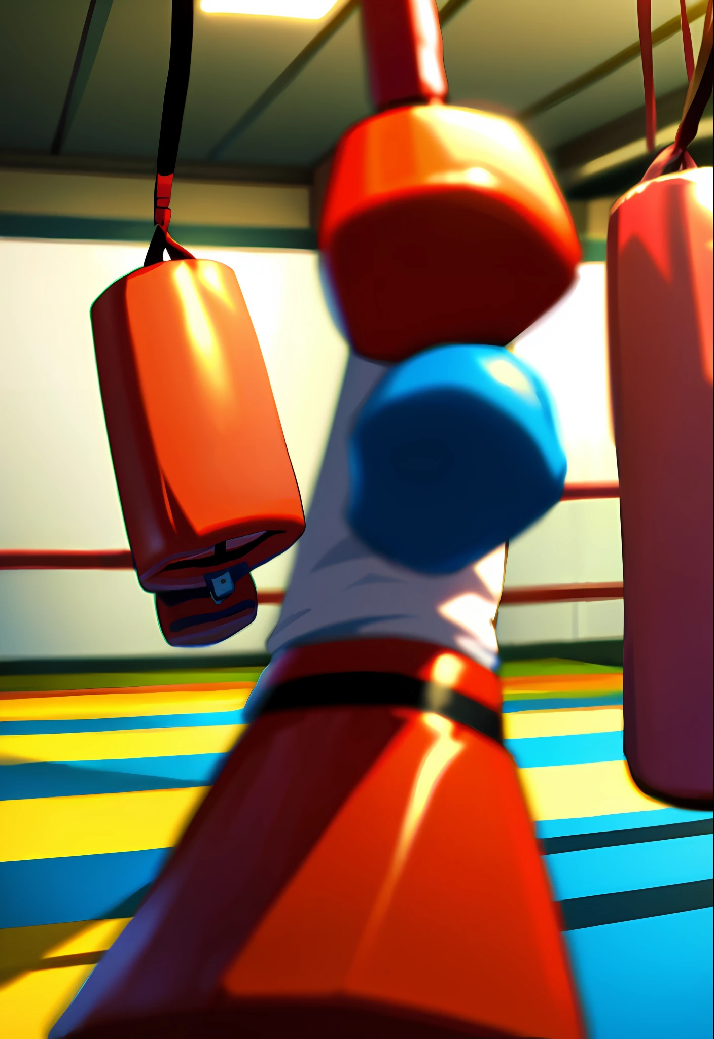 punching bag in a boxing gym blurry cartoon scenery