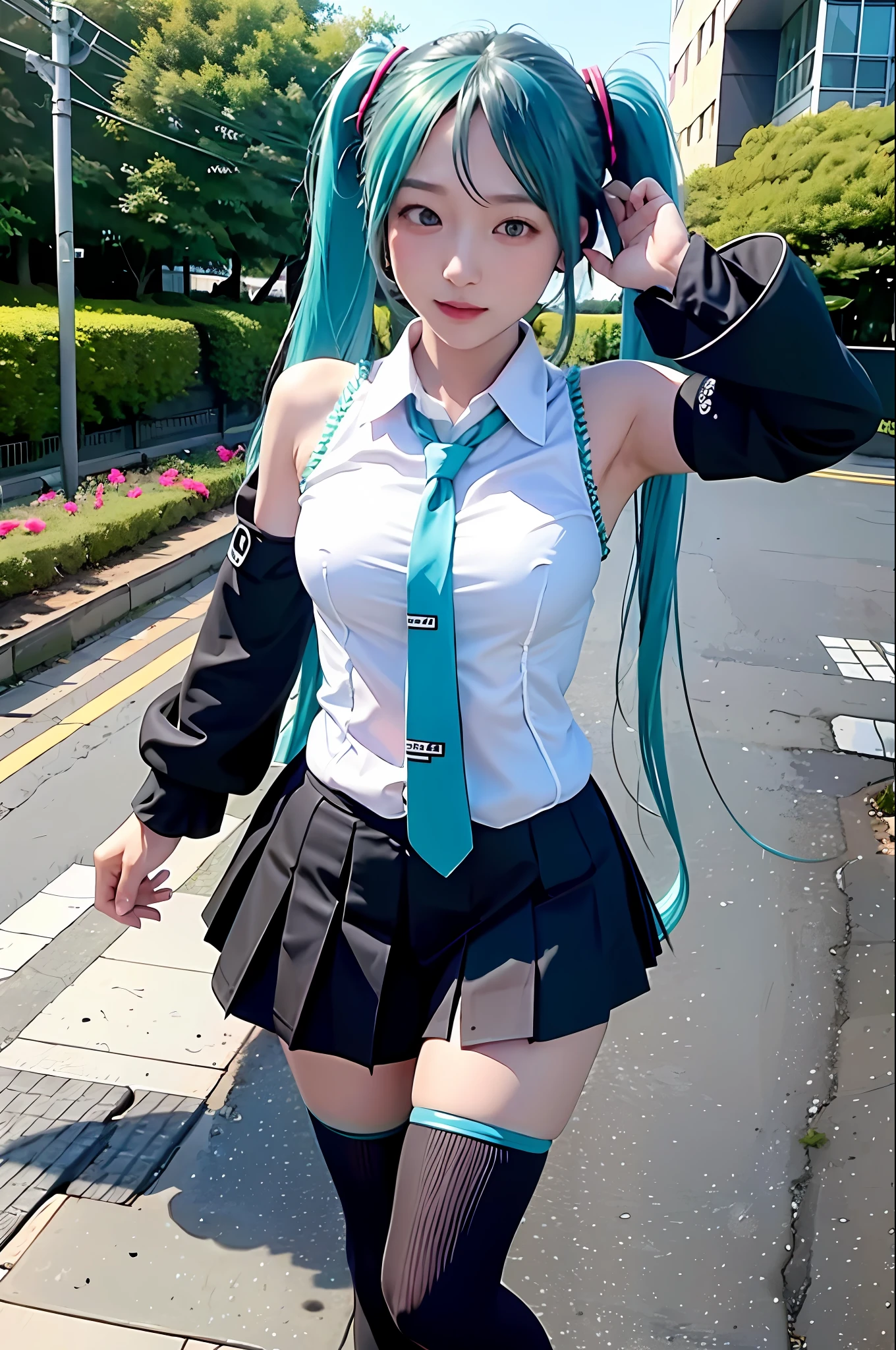 Cross-eyed, drunken eyes, Hatsune Miku, outdoor