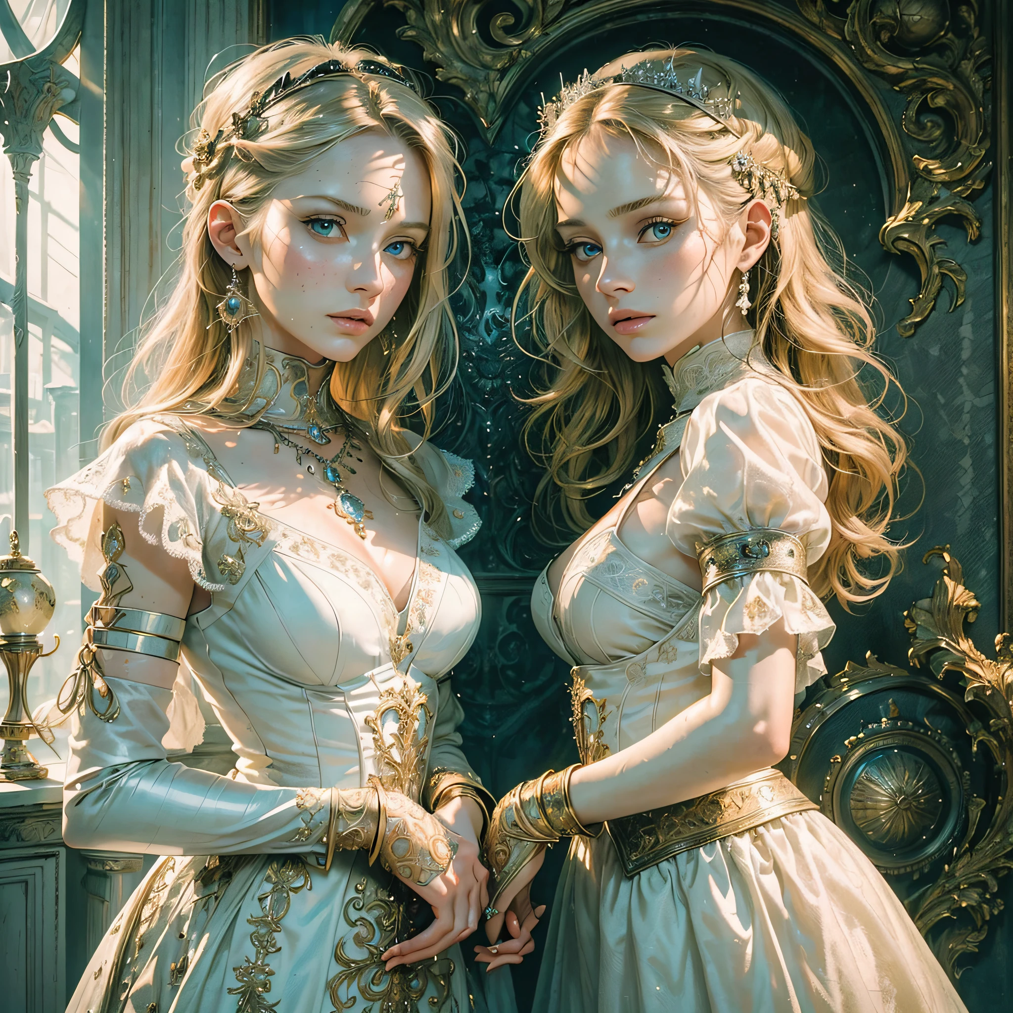 (realistic:1.3), finely detailed, UHD, (masterpiece:1.2), (photorealistic:1.2), (detailed skin:1.3), (intricate details), 2 white twin sisters (German), blond hair, 20 years old, small breasts, very detailed clothes, big pale blue eyes, (tall), ((full anatomy)), standing, facing each other, looks at viewer, dress, jewelry
