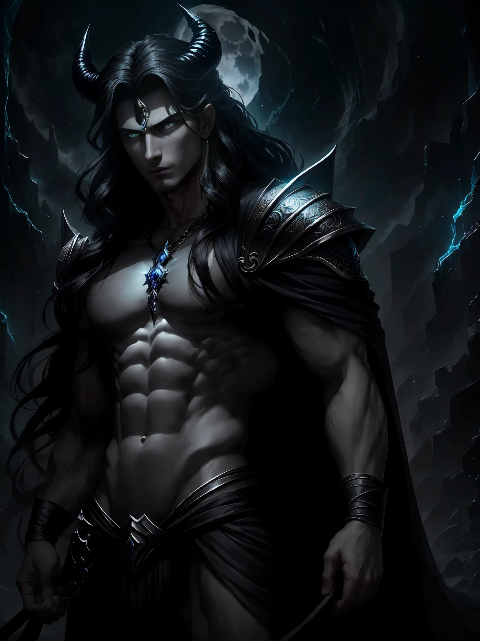 (Perfectly Detailed Eye Rendering), Create an image that depicts Hades, inspired by the book descriptions of the Hades and Persephone saga, written by Scarlett St. Clair. Hades is described as an imposing and seductive Greek god with a dark and powerful aura. He possesses a tall stature and a sculpted body, emanating strength and authority. Her black hair is long and dense, falling in seductive waves over her broad shoulders. His deep eyes are the most intense blue color, conveying a magnetic mystery. He has majestic black horns that curve elegantly around his head, further underscoring his divine nature. The expression on his face reflects a piercing gaze, full of power and knowledge of the dark world he rules. (His skin is pale as the silvery light of the moon:1.2), contrasting with the gloomy scenery around him. In addition, Hades is depicted wearing elegant and majestic costumes, which perfectly match his imposing presence. Their appearance is a balance between beauty and power, attracting both admiration and awe. When creating the image of Hades, be sure to capture his dominant presence, the intensity of his gaze, and the combination of his dark and seductive features. The image should convey the strength and mystery that surrounds it, bringing to life this fascinating Greek god of the underground.