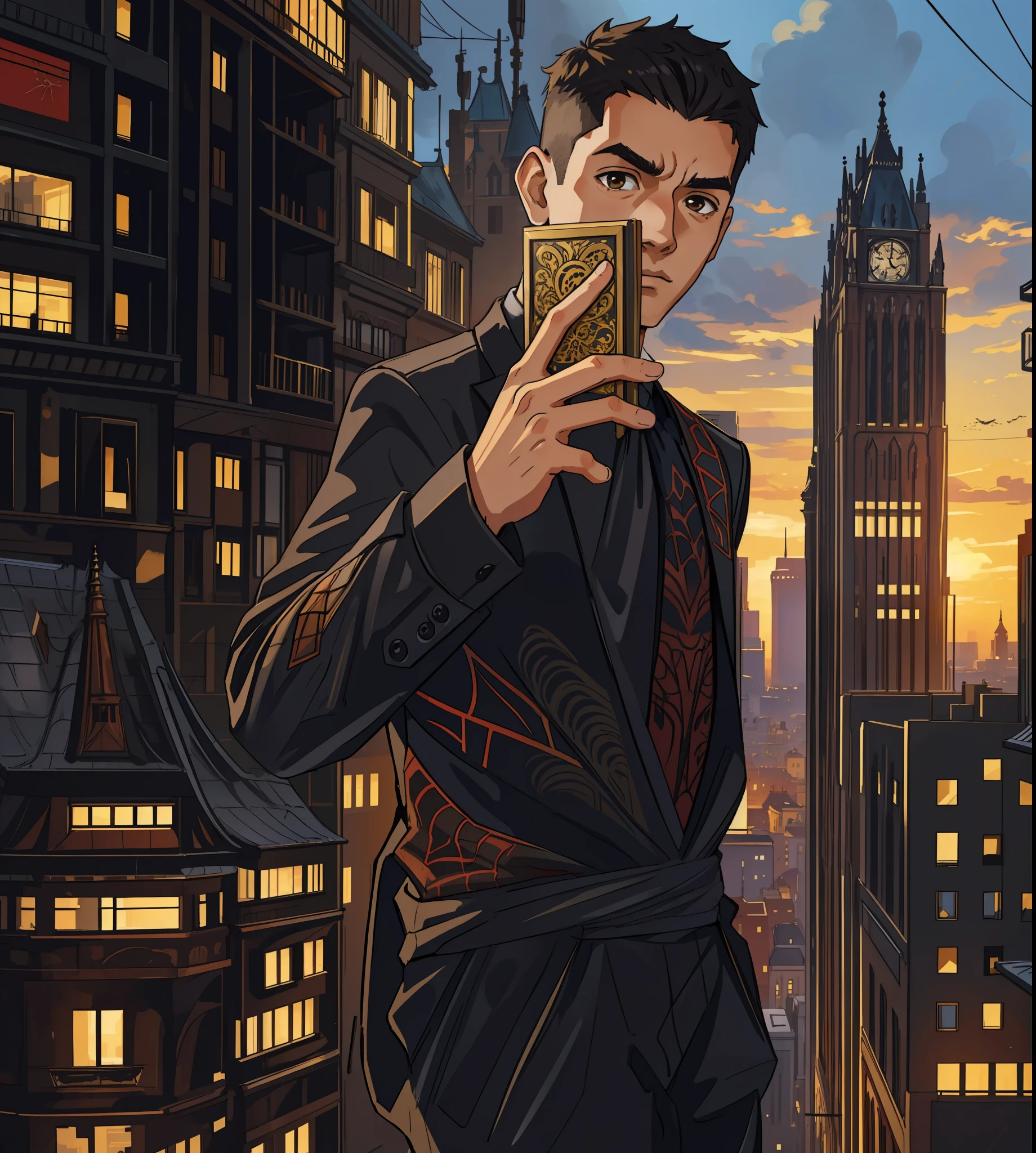 (masterpiece, best quality), intricate details, 8k, arts station, wallpaper, official art, Splash art, sharp focus, 1boy, Victor Gabriel, short hair, curly hair, brown eyes, black hair, spider costume , cobweb print, cobweb, skyscrapers , city, buildings,