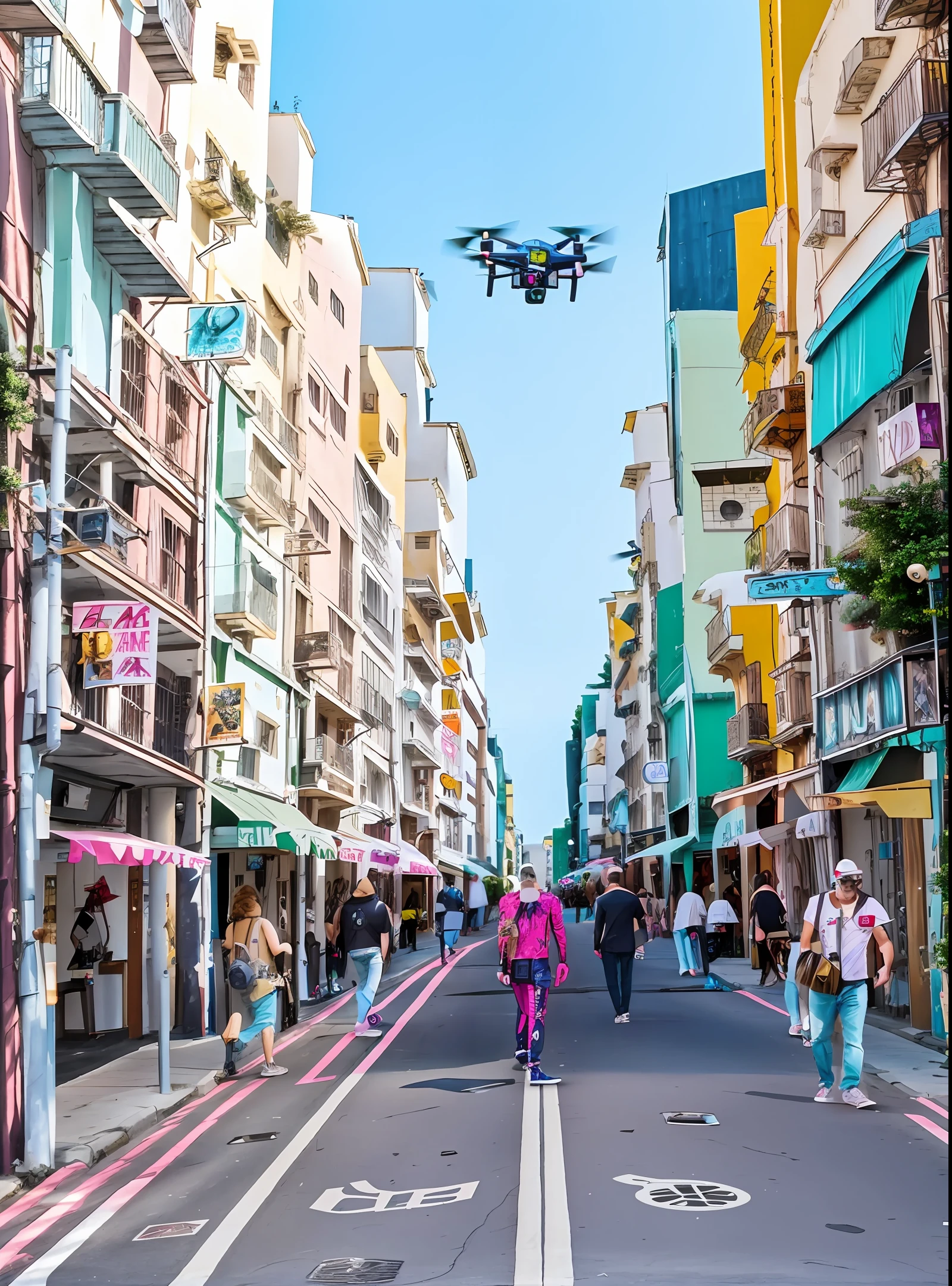 Drag Queen walking avenue with drones
