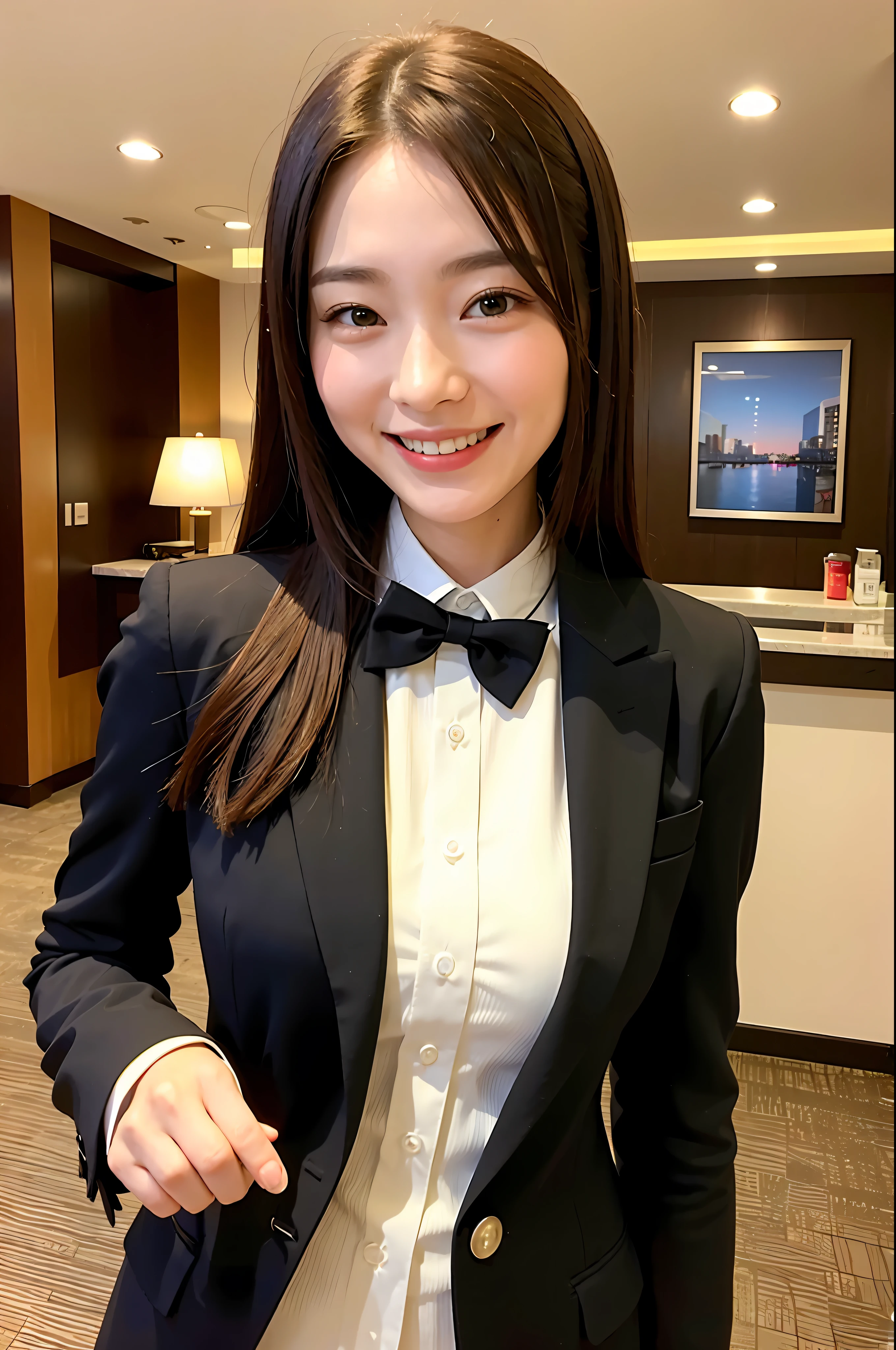 Girl in hotel black suit standing smiling at hotel reception, (best quality, masterpiece: 1.2), woman