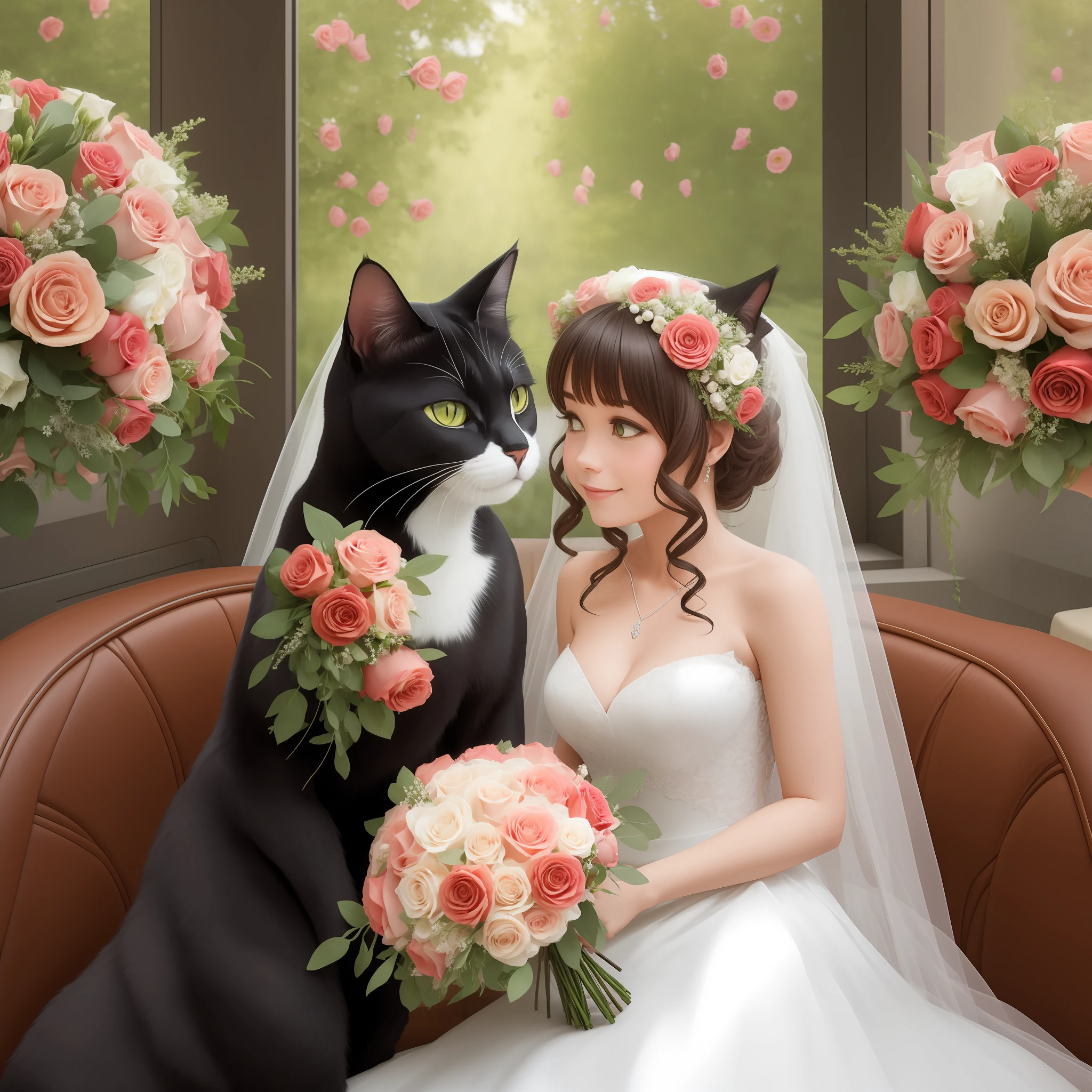 Two cats get married, bouquet of roses