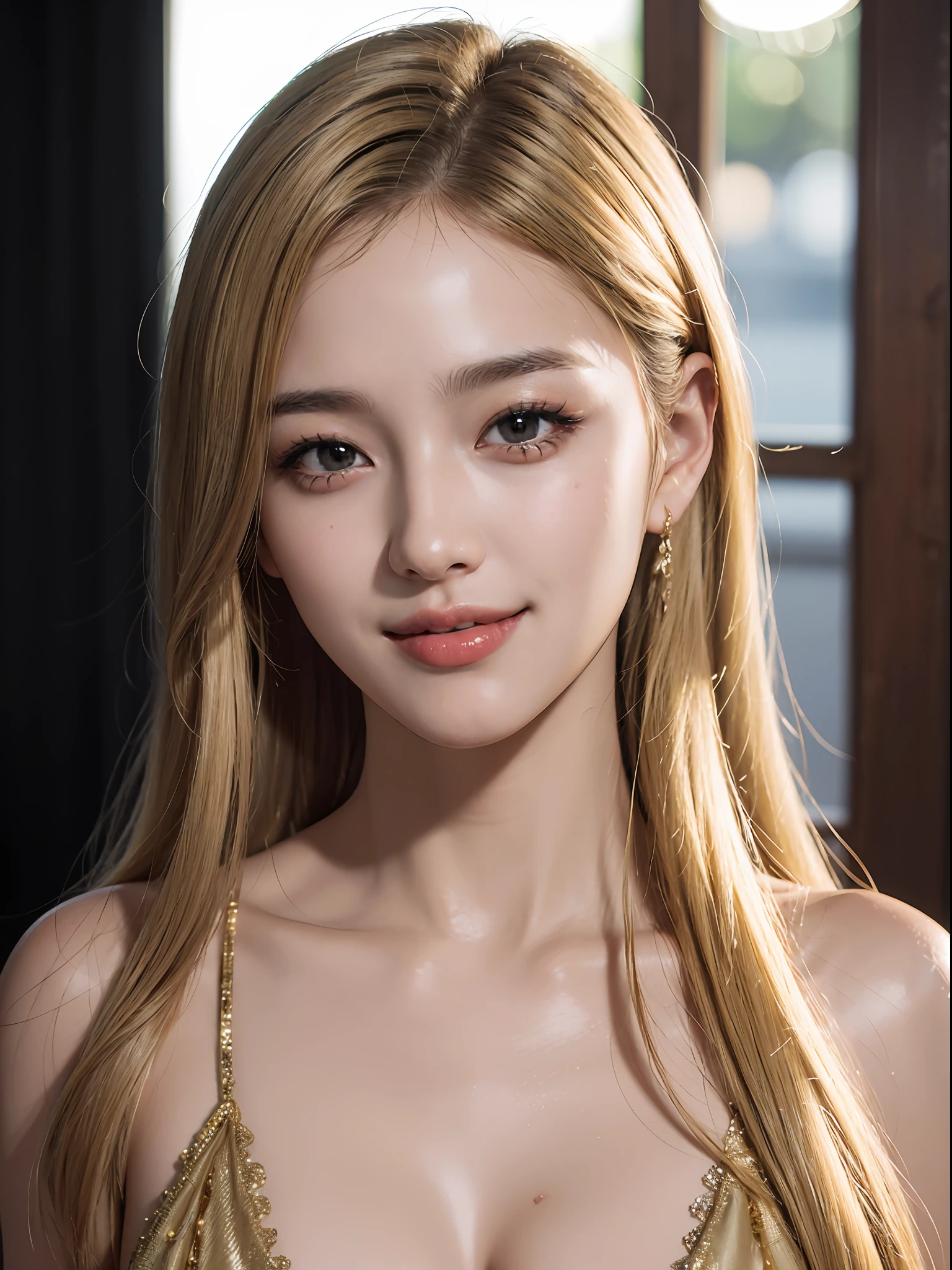 Top Quality, Masterpiece, Ultra High Definition, (Photorealistic: 1.4), Raw Photo, 1 Girl, Blonde, Formal Up, Shiny Skin, Dramatic Lighting, (Smile: 1.2), Korean, (KPOP IDOL)
