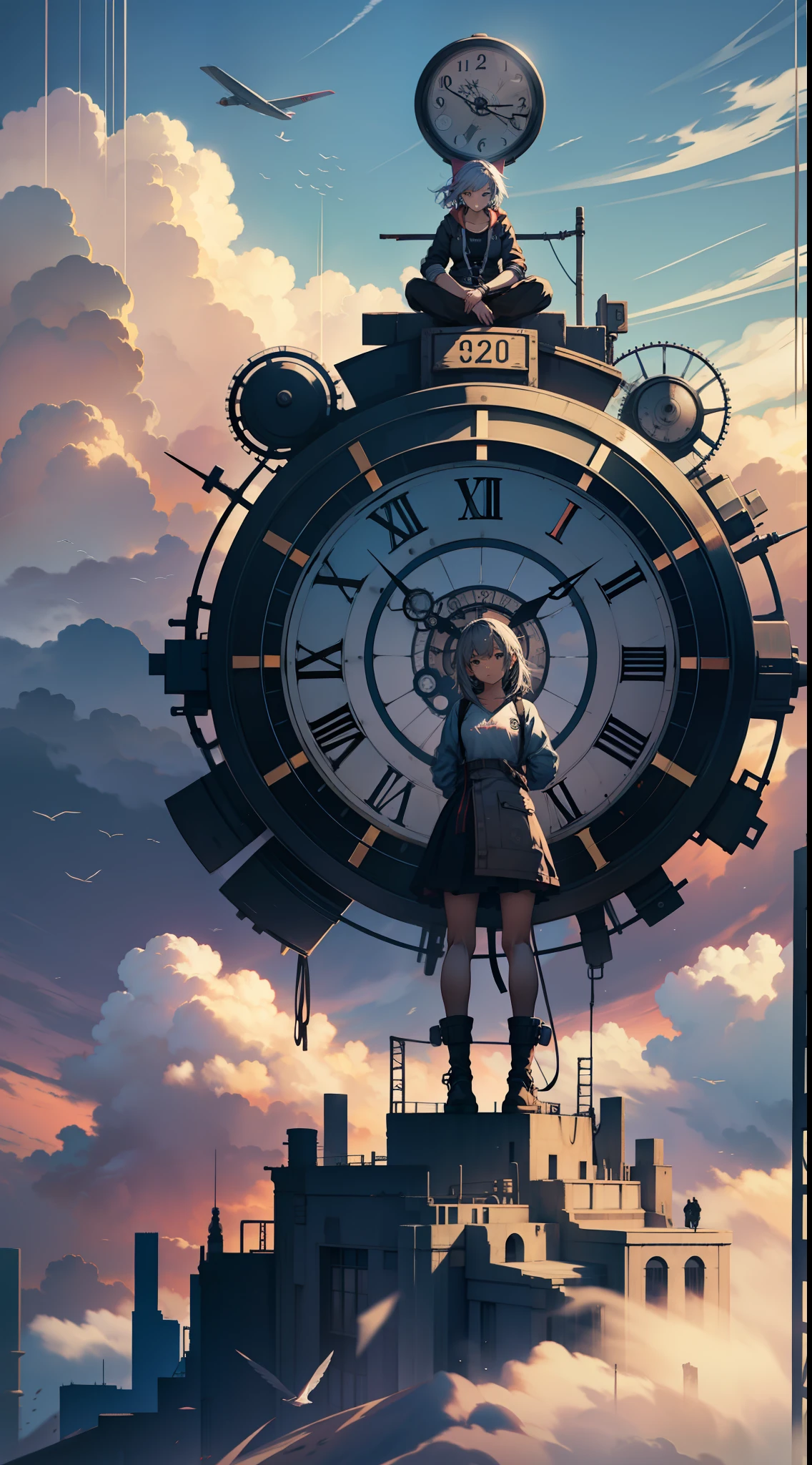 big teampunk clock in the clouds, girl standing there sitting in the cloud admiring the clock