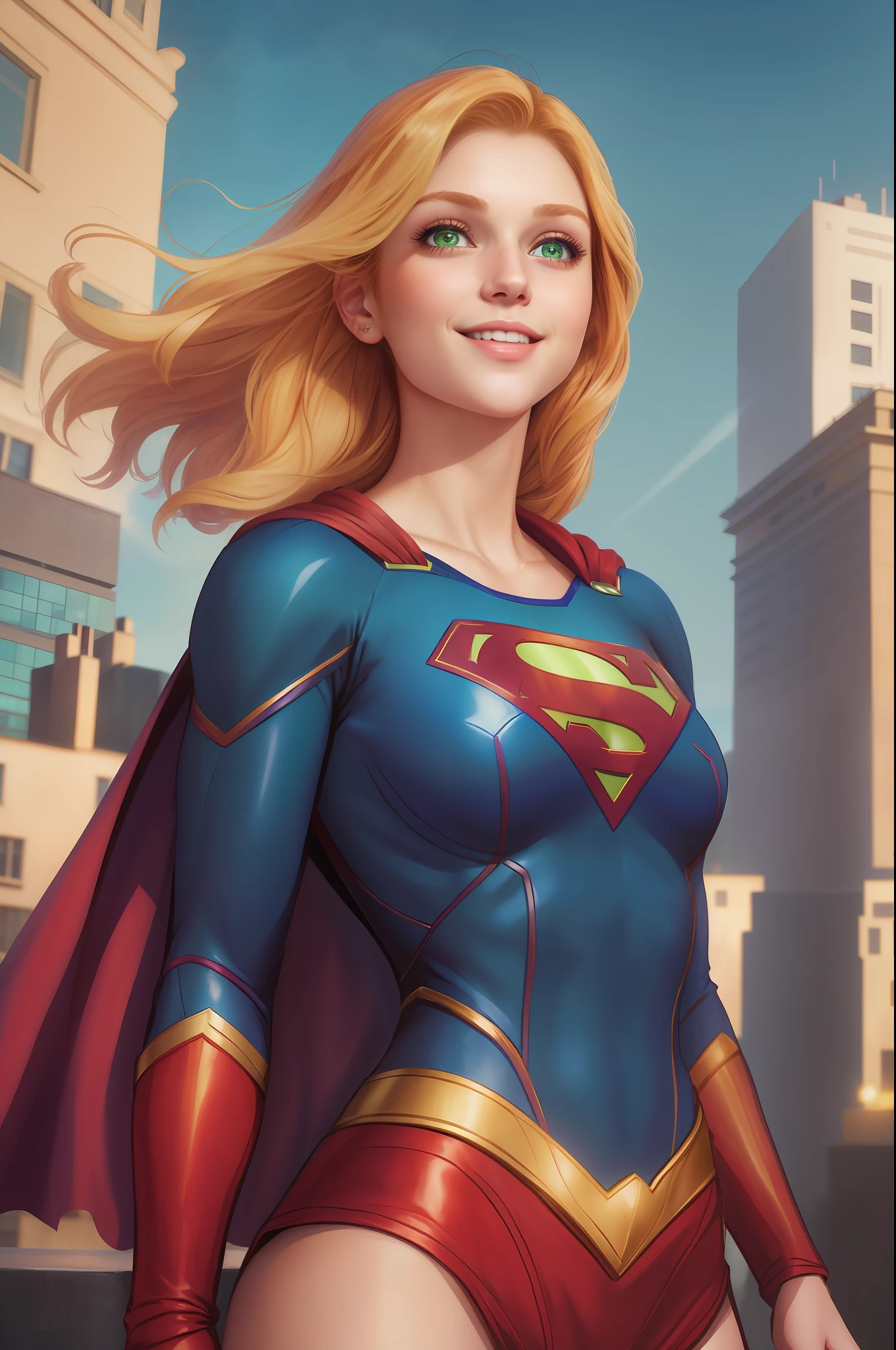 supergirl, supergirl costume, anime, medium boobs, perfect face, ginger hair, perfect hands, 5 fingers, seducing smile, v4, 8k, small breasts, (upper body view), light green eyes, Emerald eyes, symbol-shaped pupils, (background: on city building), night light, night, jim lee,