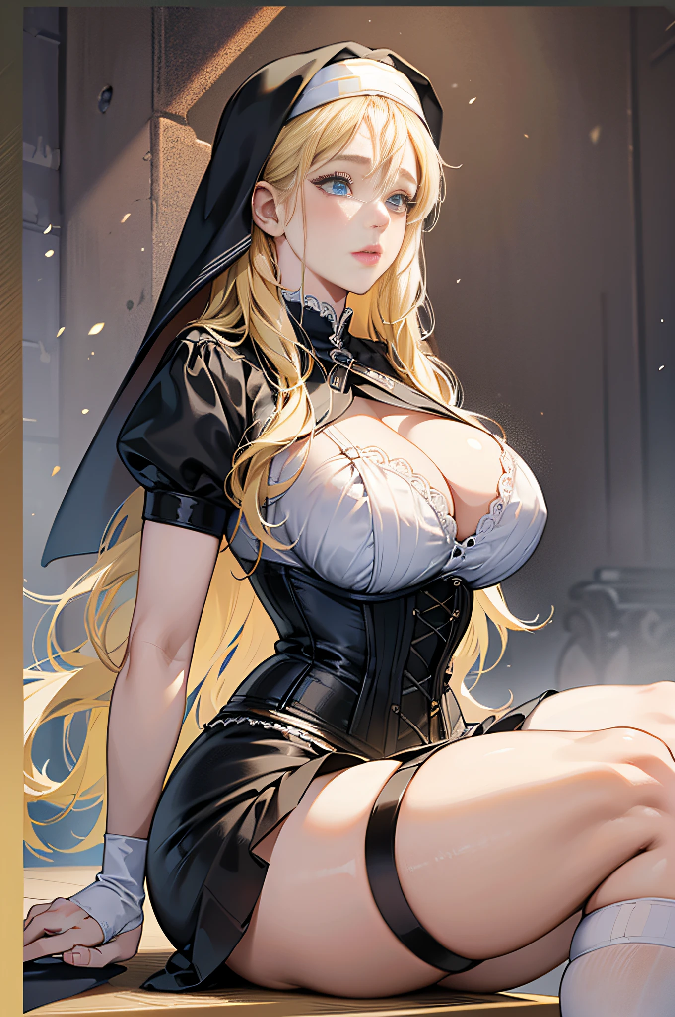 Ultra-realistic 8k CG, beautiful girl with blonde hair, blue eyes, swollen, chubby body, nun's bandana, corset nun's dress, fleshy thighs, printed white socks, high heels, full body, looking at the audience, symmetrical, charming, complex, sexy, elegant, hands intertwined
