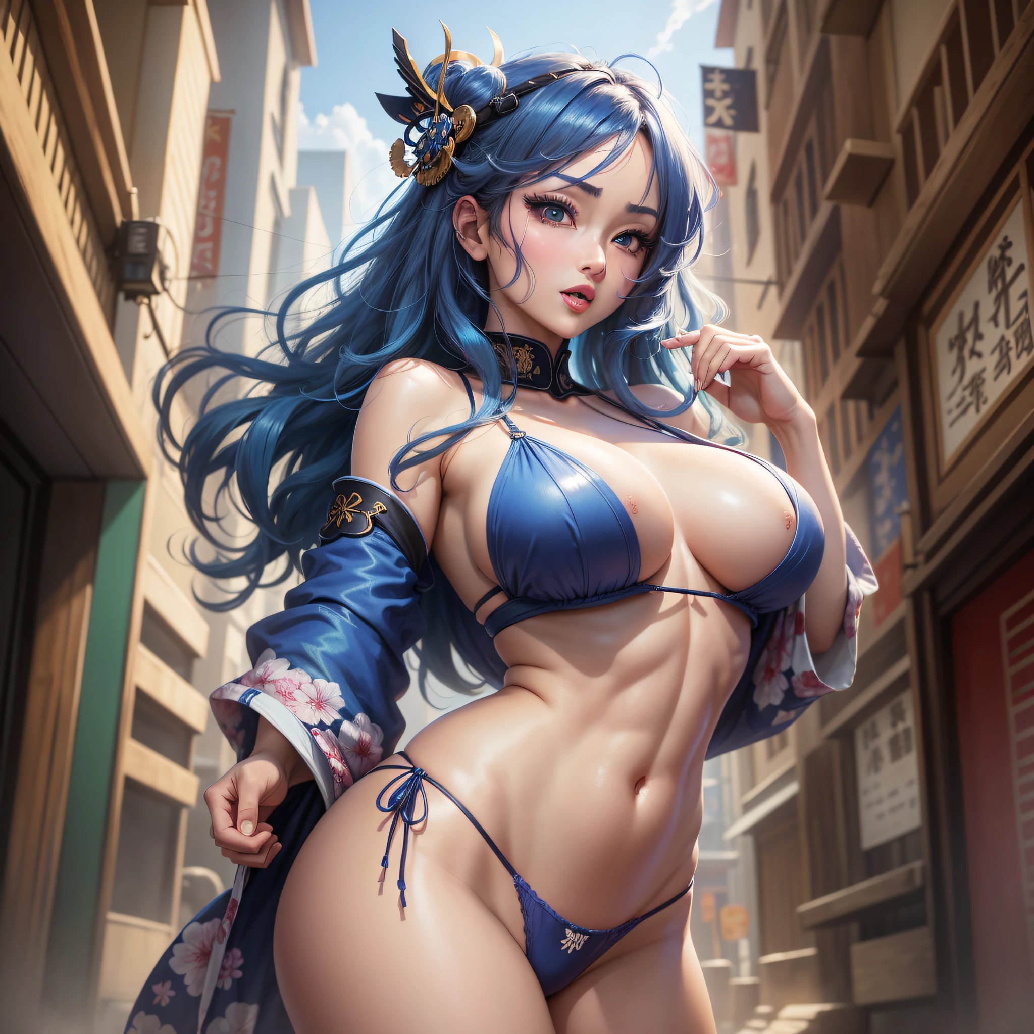 (Best Quality, 8k, 32k, Masterpiece, UHD: 1.5), Photo of Attractive Japanese Woman, 1 Girl, (Gigantic Breasts: 1.2), (Short wavy hair), Abs, Perfect Body, Ultra Detailed Face, Detailed Lips, Thin Eyes, Double Eyelids, (Seductive), ((Excited: 1.5)), Beautiful, Exceptional Woman, Open Legs, Beautiful and Extremely Detailed Eyes, Cartoon Style, Anime Style, With Blue Hair, Wearing Samurai Clothes, digital drawing and colorful city in the background, sexual expression, long legs, ((hand in panties))
