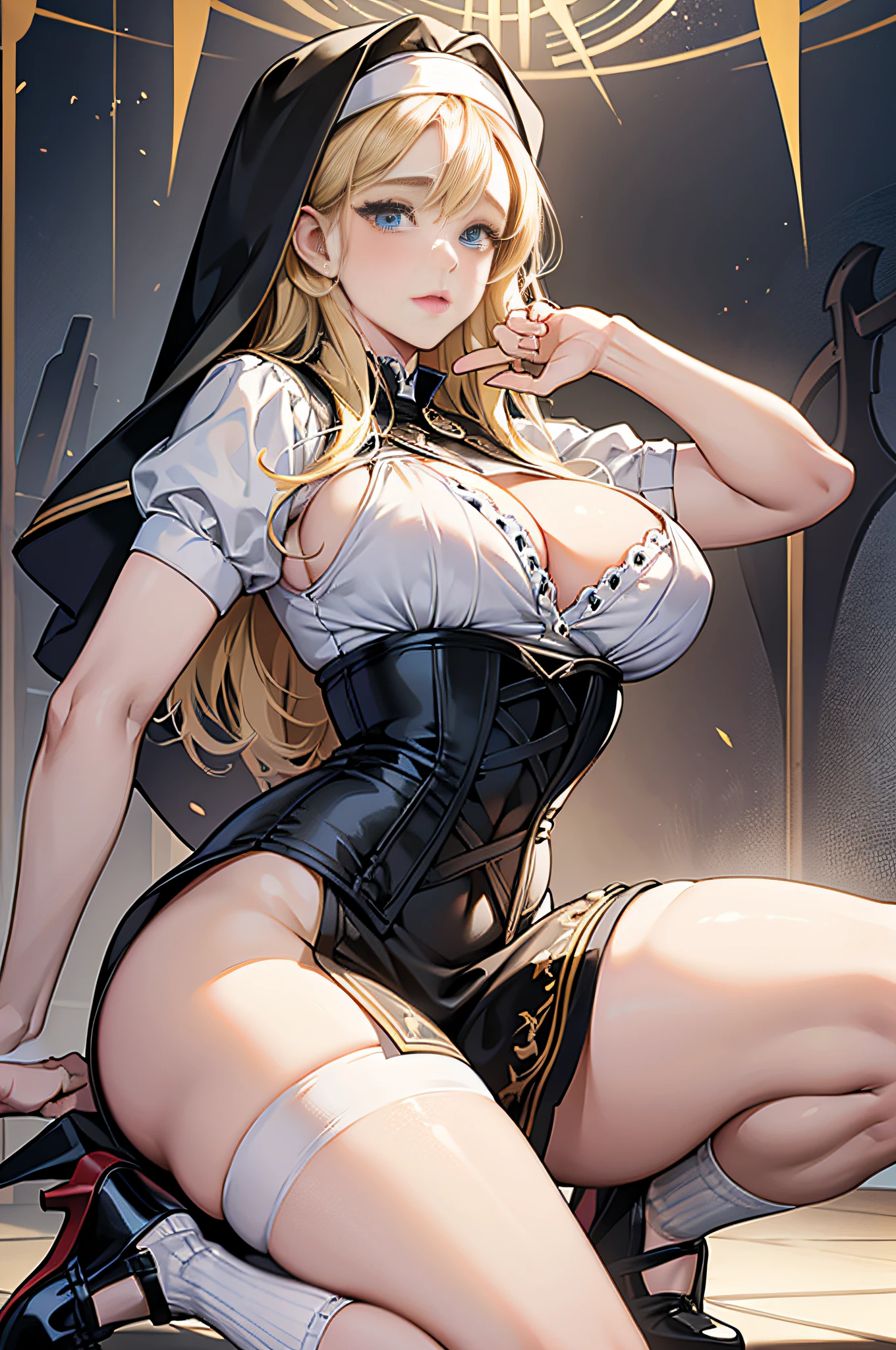 Ultra-realistic 8k CG, beautiful girl with blonde hair, blue eyes, swollen, chubby body, nun's bandana, corset nun's dress, fleshy thighs, printed white socks, high heels, full body, looking at the audience, symmetrical, charming, complex, sexy, elegant, hands intertwined