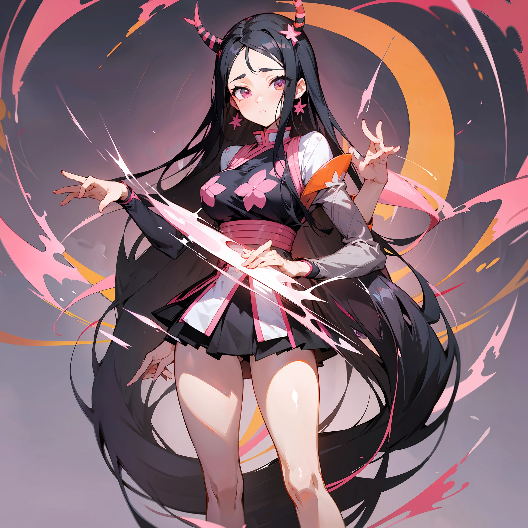 Anime, high resolution, only 1 girl, 20 years or more, long straight hair, black hair with orange tips, anime, full body, detailed hands, anatomy, anatomy of hands dynamic pose, anime, nezuko ((anime character demon slayer)), large detailed eyes of pink color, large breasts, she is facing the audience, ripped gym top, naked abdomen, anime, nezuko, big breasts, long legs, nezuko, anime, HD, masterpiece, best quality, high_resolution, finely detailed, extremely detailed and beautiful, distinct_image.