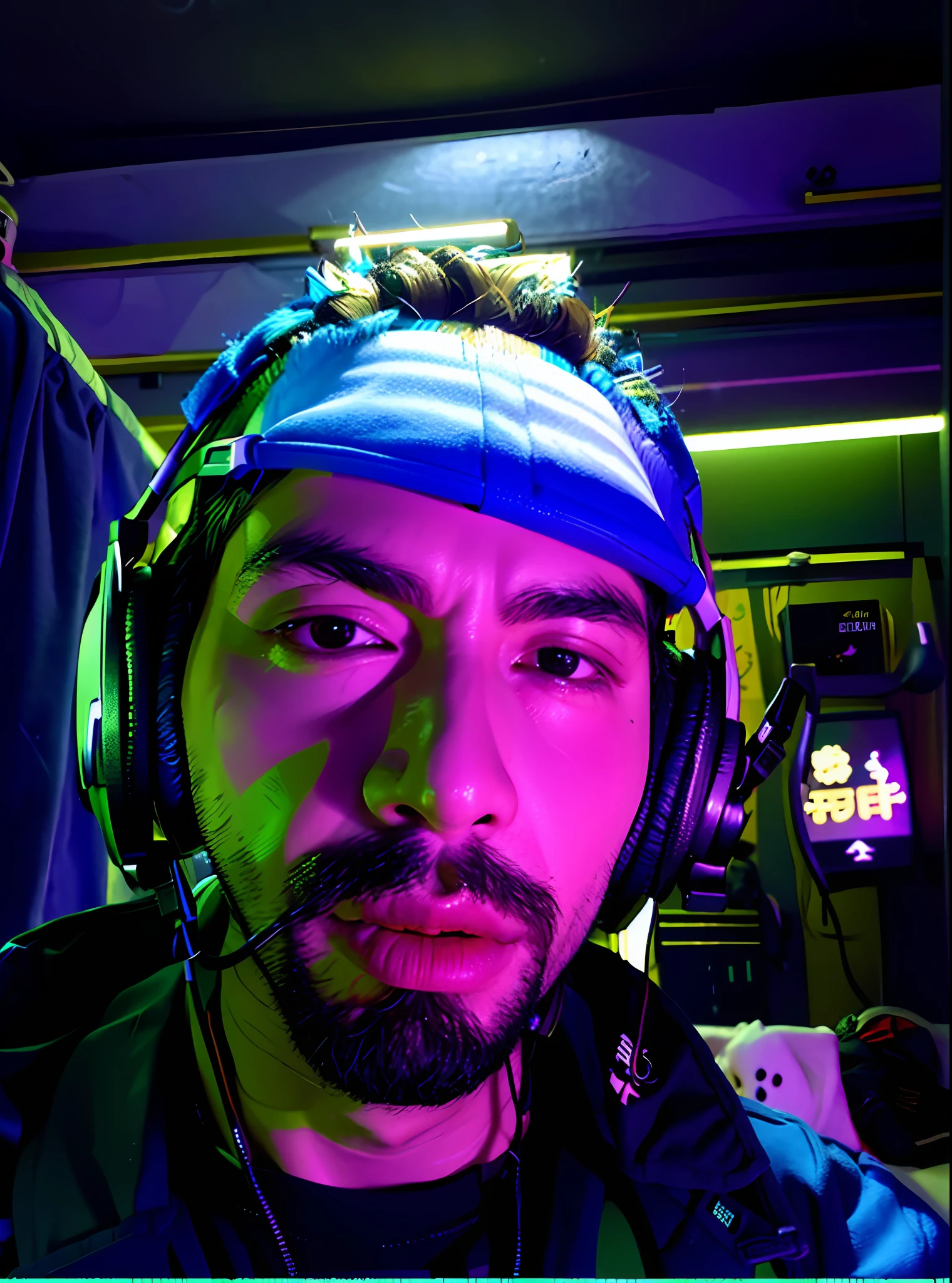 there is a man wearing headphones and a headset in a room, with head phones, with headphones, twitch streamer / gamer ludwig, emad mostaque, very very low quality picture, mohamed chahin, atef, wearing headset, wearing a headset, maher morcos, shabab alizadeh, wearing gaming headset, he has headphones