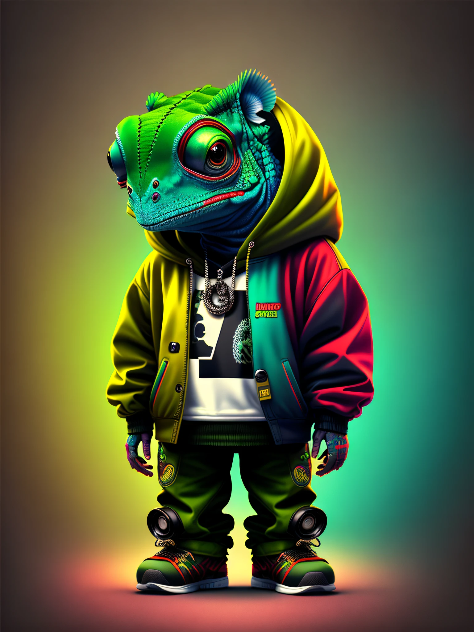 Image of a chameleon standing, wearing hip-hop style clothes, speakers, 90s style
