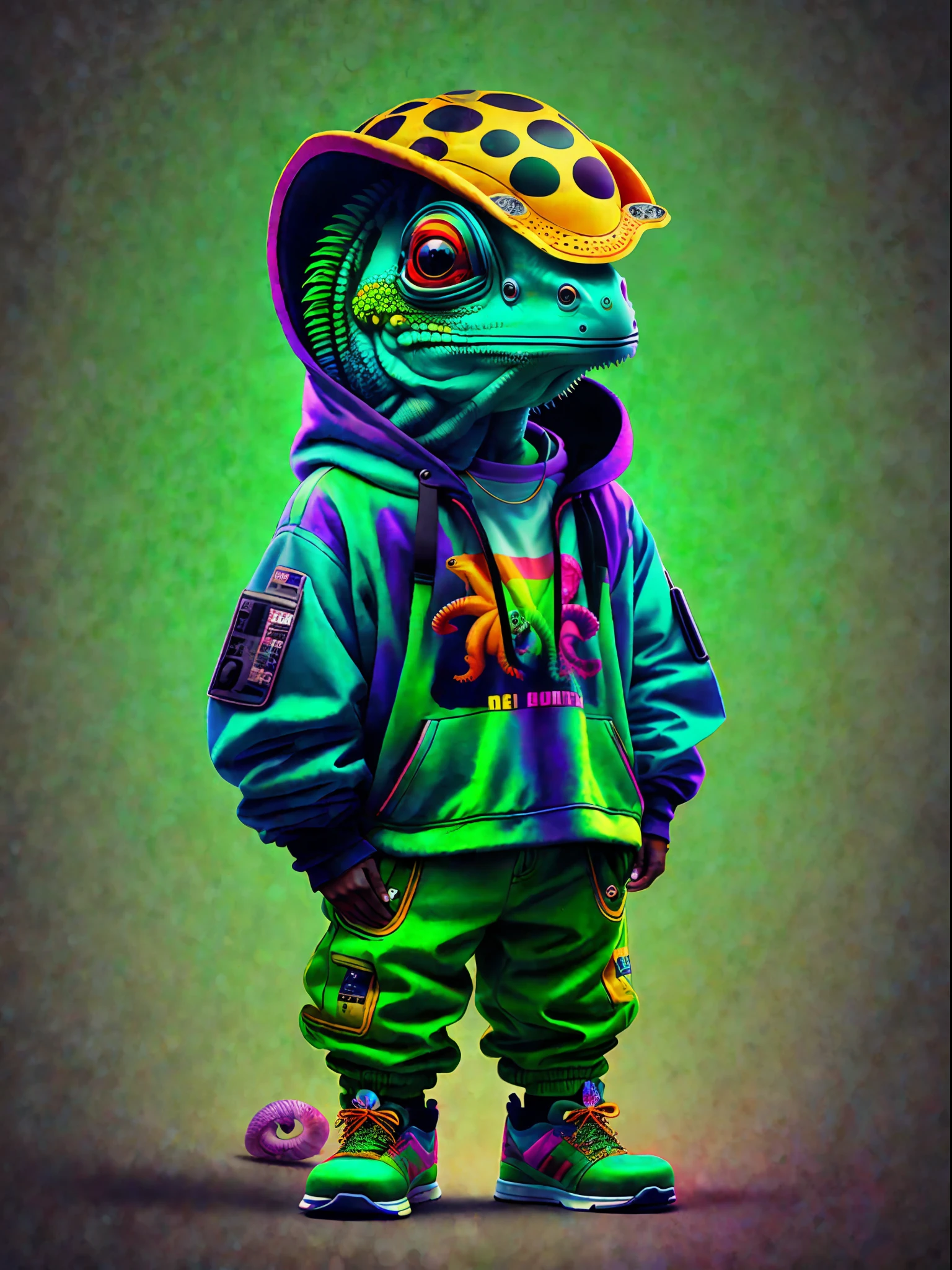 Image of a chameleon standing, wearing hip-hop style clothes, speakers, 90s style
