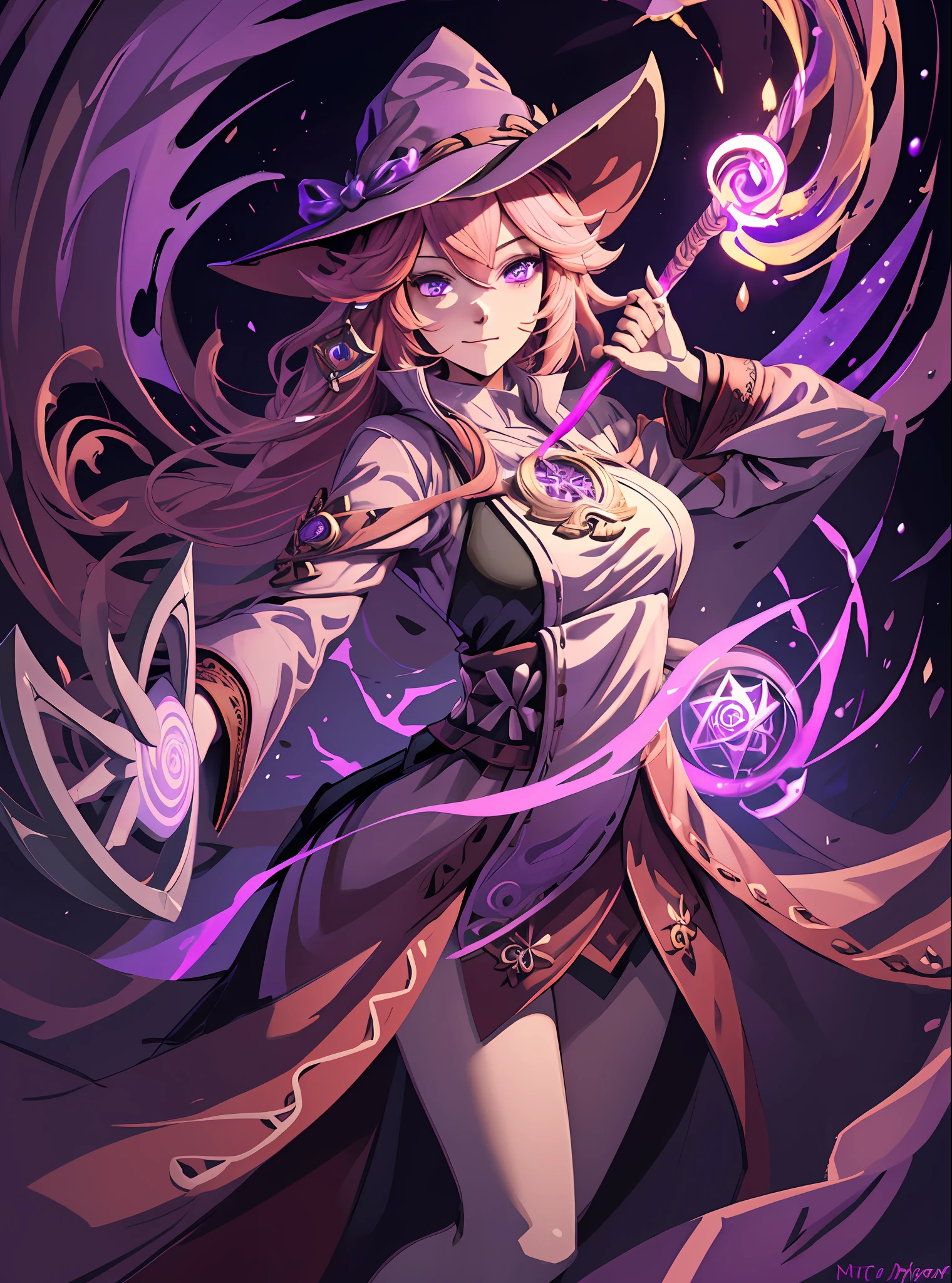 (best quality, ultra-detailed, best illustration, best shadow, masterpiece, high res, professional artwork, famous artwork), (1girl, solo, safe), magic, glowing, rune_magic, robes, witch hat, staff, fractalized, fractal_body, action pose, power, pink hair, purple eyes, yae miko