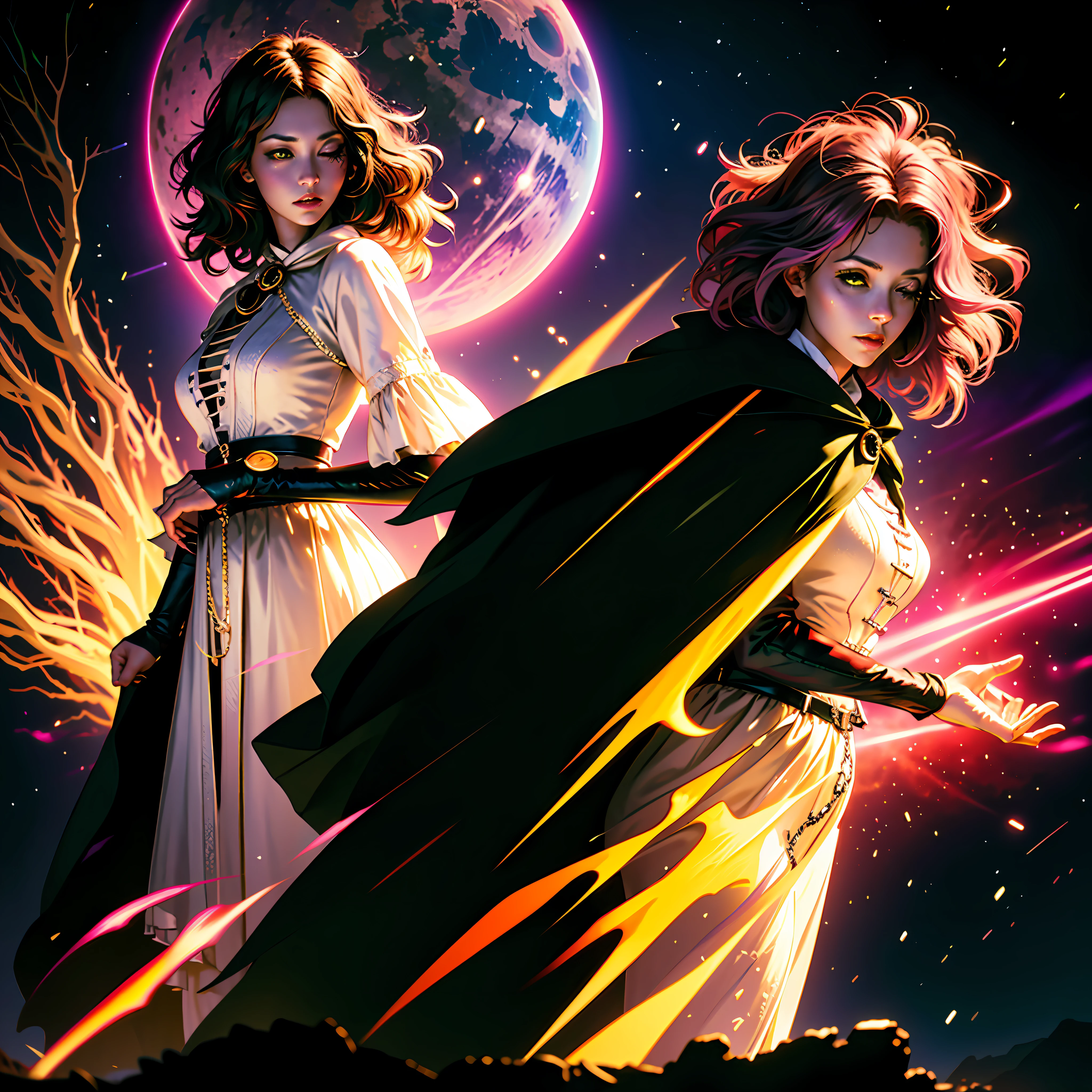 melina \(elden ring\), detailed background, ((night)), dark, erdtree in the distance, 1girl, black background, brown eyes, brown hair, cloak, green cloak, long sleeves, looking at viewer, one eye closed, short hair, solo, standing, tree, solo, yellow eyes, (pink hair:0.7), facial tattoo, expressionless, :|, tottoo on eye, eye scar , ((masterpiece)) Synthwave themed (best quality, ultra-detailed), "Melina from Elden Ring",Synthwave themed, retrofuturistic vibe,long hair, white dress, dynamic pose, neon lights, violet and pink color scheme.