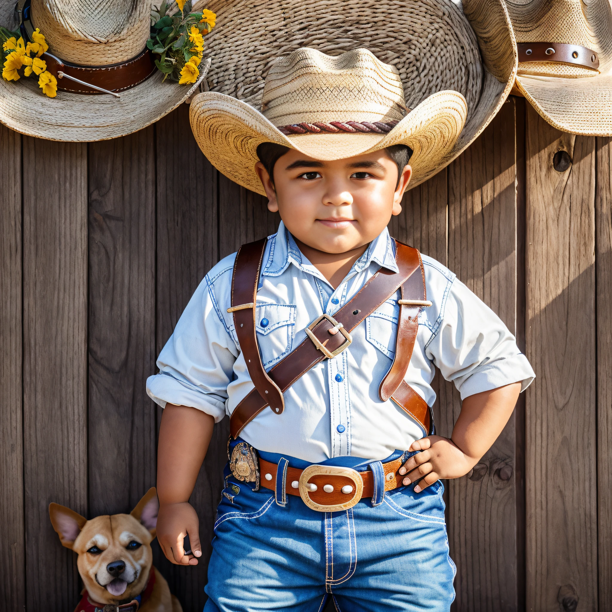 A chubby, chubby, 5-year-old Latino boy face, tanned skin, wearing cowboy clothes, cowboy hat, belt with cowboy buckles and a knife tied around his waist, an orange-haired dog in the background on a farm, ultra-realistic details, 4k