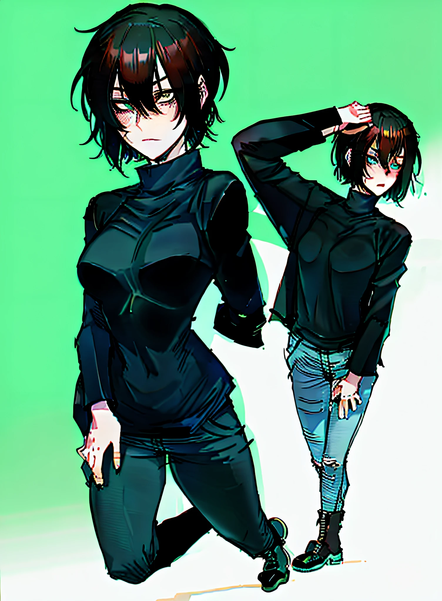 1woman, 1girl, solo woman, 1 person, single person, woman with a black baggy shirt and blue jeans, full body portrait, girl fanart, !!full body portrait!!, fullbody portrait, full body character portrait, full-body character portrait, detailed full body portrait, character full body portrait, full body illustration, anime full body illustration, anime style character, short brown hair, combat boots, green eyes, Black sweater, freckles, hoop earings, loose sweater, baggy sweater, color black, ((Oversized sweater)) ((no item in hands)) ((Black sweater)) ((Black clothing)) ((BROWN HAIR)) ((SHORT HAIR)) ((LEWD)) ((naughty)) ((Showing skin)) ((jeans)) ((Showing chest)) ((sexy))