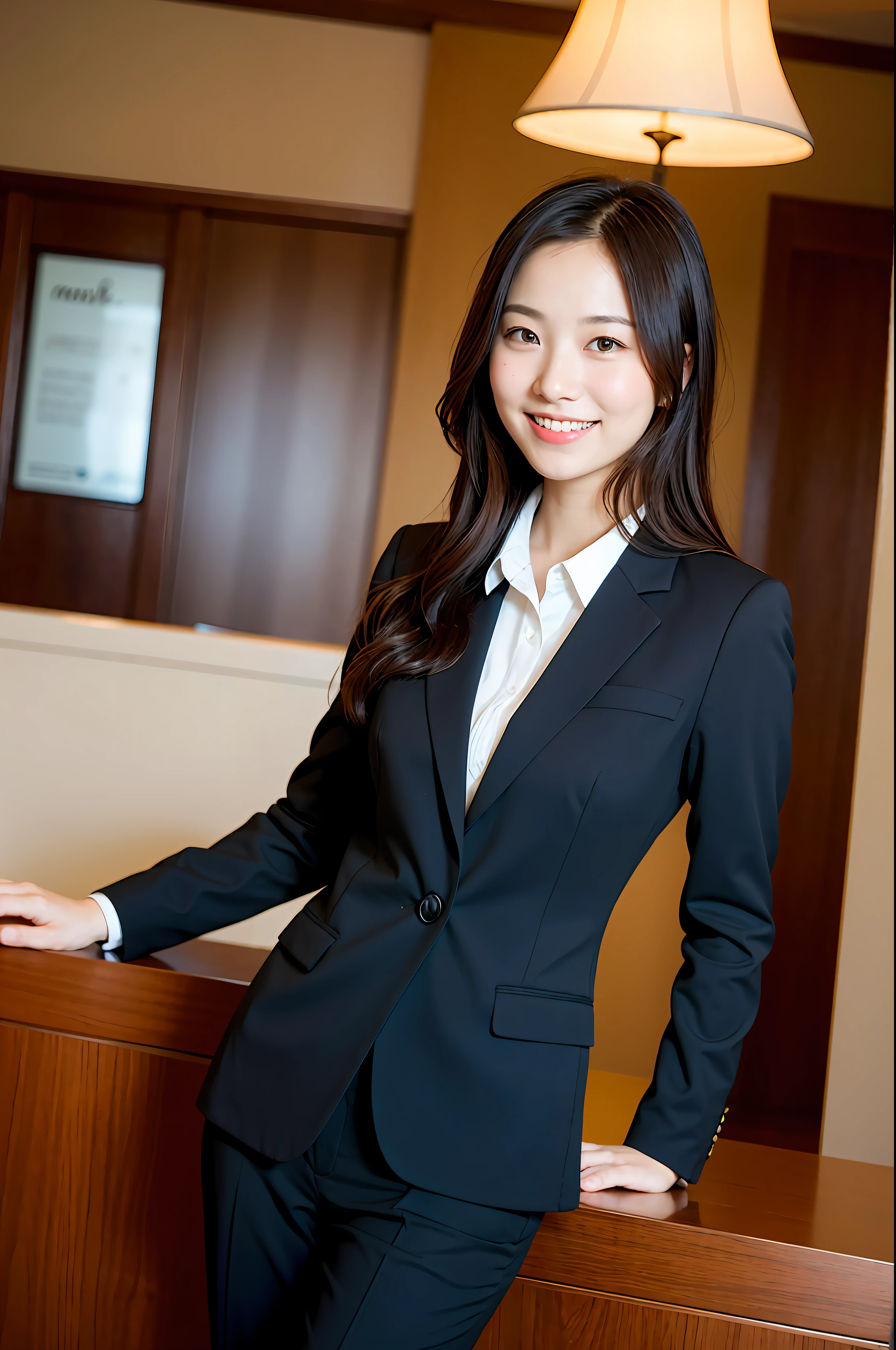 Natural light, girl standing and smiling at hotel front desk in hotel black suit, (best quality, masterpiece: 1.2)