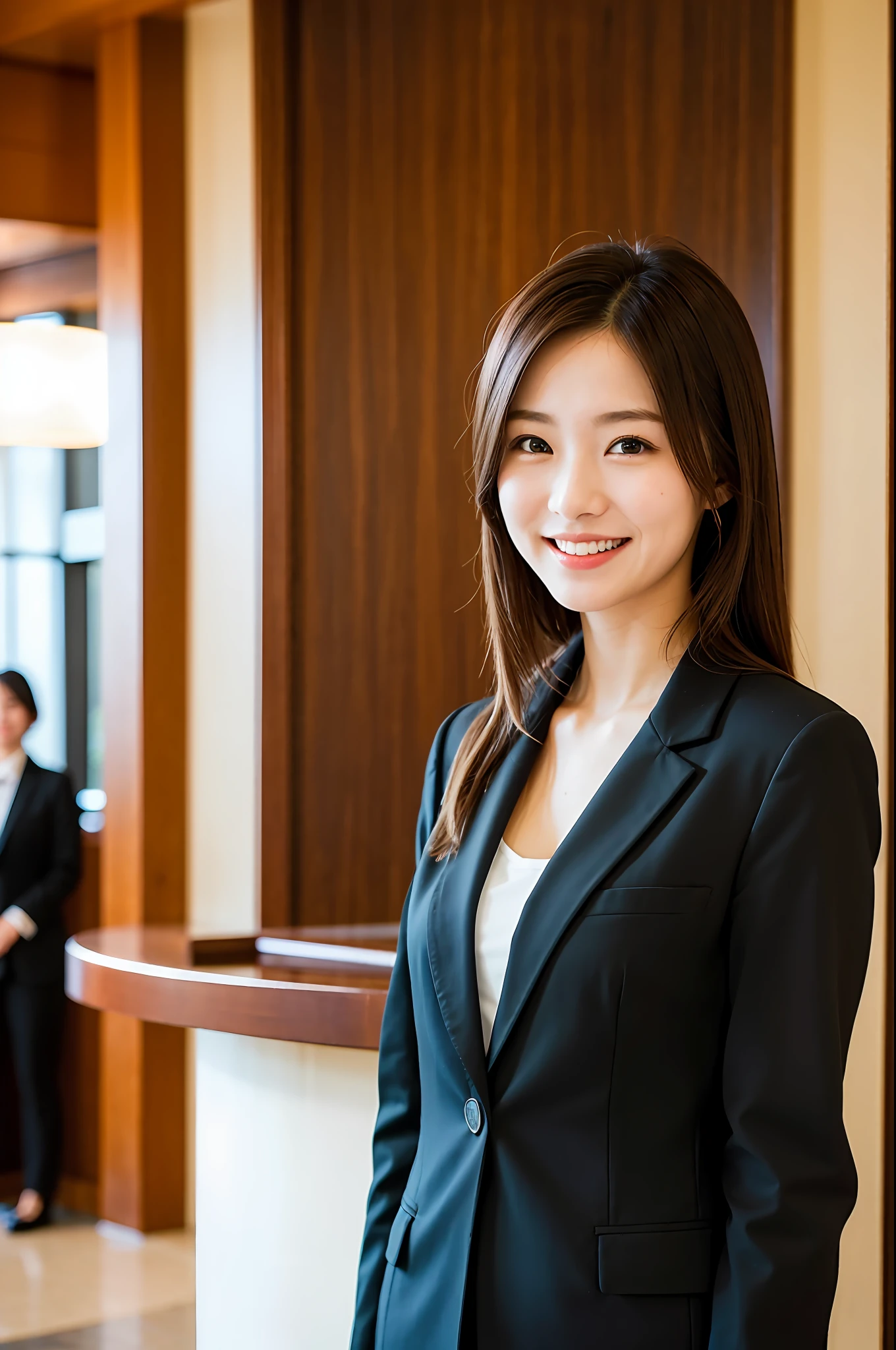 Natural light, girl in hotel black suit standing smiling at hotel reception, (best quality, masterpiece: 1.2), woman