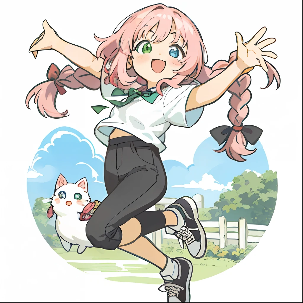 One Beautiful Girl, (Heterochromia, Blue and Green Eyes: 1.8), Shining Eyes, (Illustration: 1.1), (Chibi: 1.5), (Masterpiece, Super Detail, Best Quality, 8K, Kyoto Animation Animation Illustration)), (Caregiver, Cute Girl 1, Big, Solo, Watch Viewer, Full Body, Upright, Frontal, Cute Open Mouth, Happy Smile: 1.3), (: 1.2), ( Cute: 1.5), (Red short sleeve polo shirt and black tight long pants, Long Heat Tech inner shirt: 1.5), (Footwear: Sneakers), (Pale pink hair, braid, long hair, cute ribbon: 1.1), Large room, wooden floor