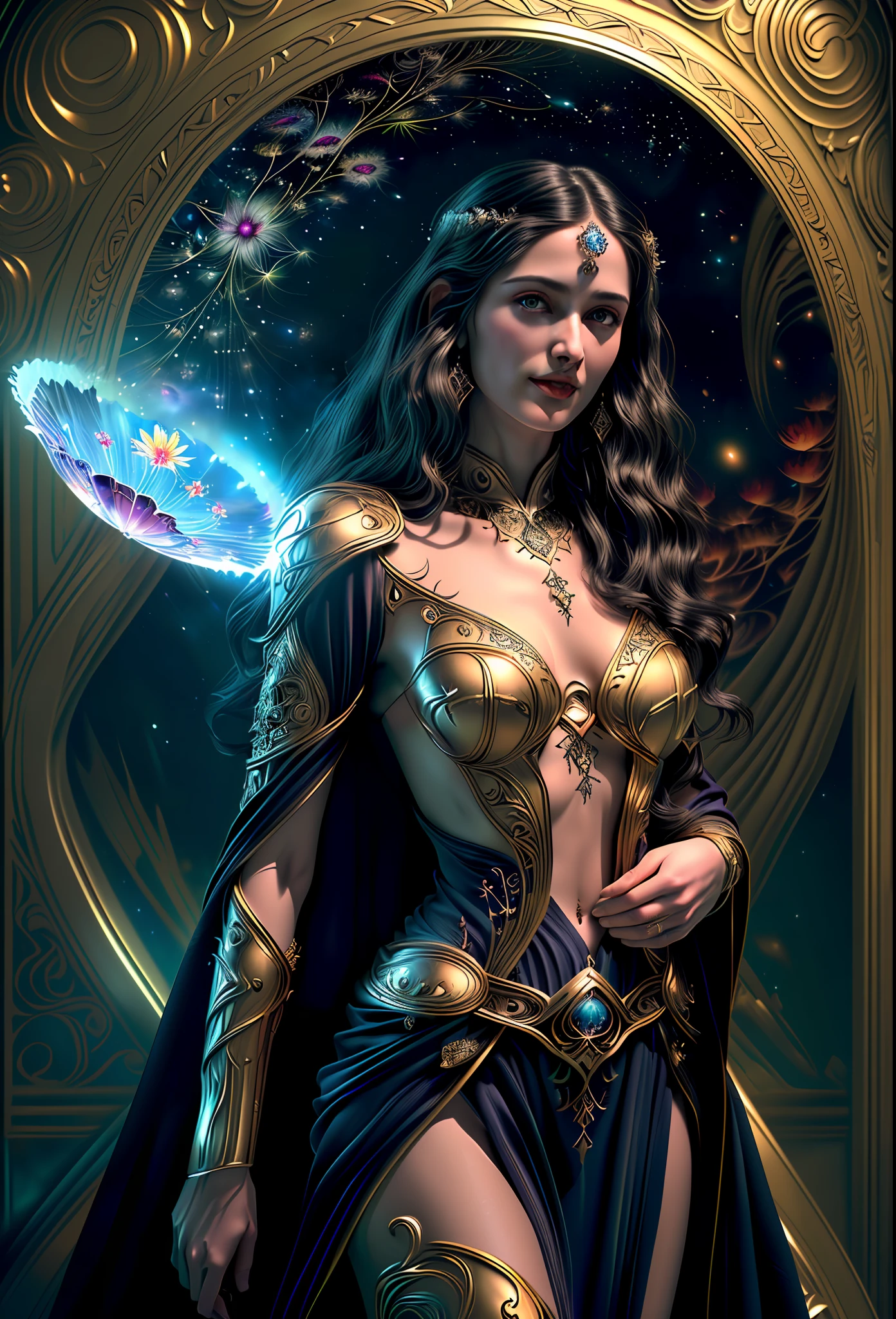 ((best quality)), ((masterpiece)), ((ultra realistic)), ((dark fantasy style)),  beautiful intricately detailed soft oil painting, a divine goddess presiding over eternity, compassionate detailed eyes, gentle smile, filigree platinum jewellery, intricately detailed embroidered open robes, glowing Saphire eyes, (never ending fractal cosmos:1.4), professional, 8k, uhd, soft volumetric lighting, depth of field, film grain, smooth, roughness, real life, cinematic film still from krull|lord of the rings, photographed on a Canon EOS R5, 50mm lens, F/2.8, HDR, professional, dramatic cinematic lighting,
