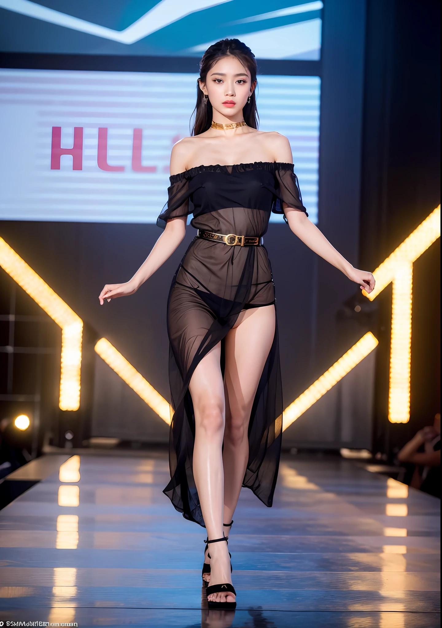 (คุณภาพดีที่สุด, 8k, 32k, Masterpiece, UHD:1.2),Photo of Pretty thai , 1girl, (medium-short dark brown hair), double eyelid, fashion model, beautiful legs, unique maxi very wet white dress with slit, off-shoulder, gold belt, choker, stand tall, runway, huge stage, Paris Collection, nsfw, full body, see through,full body