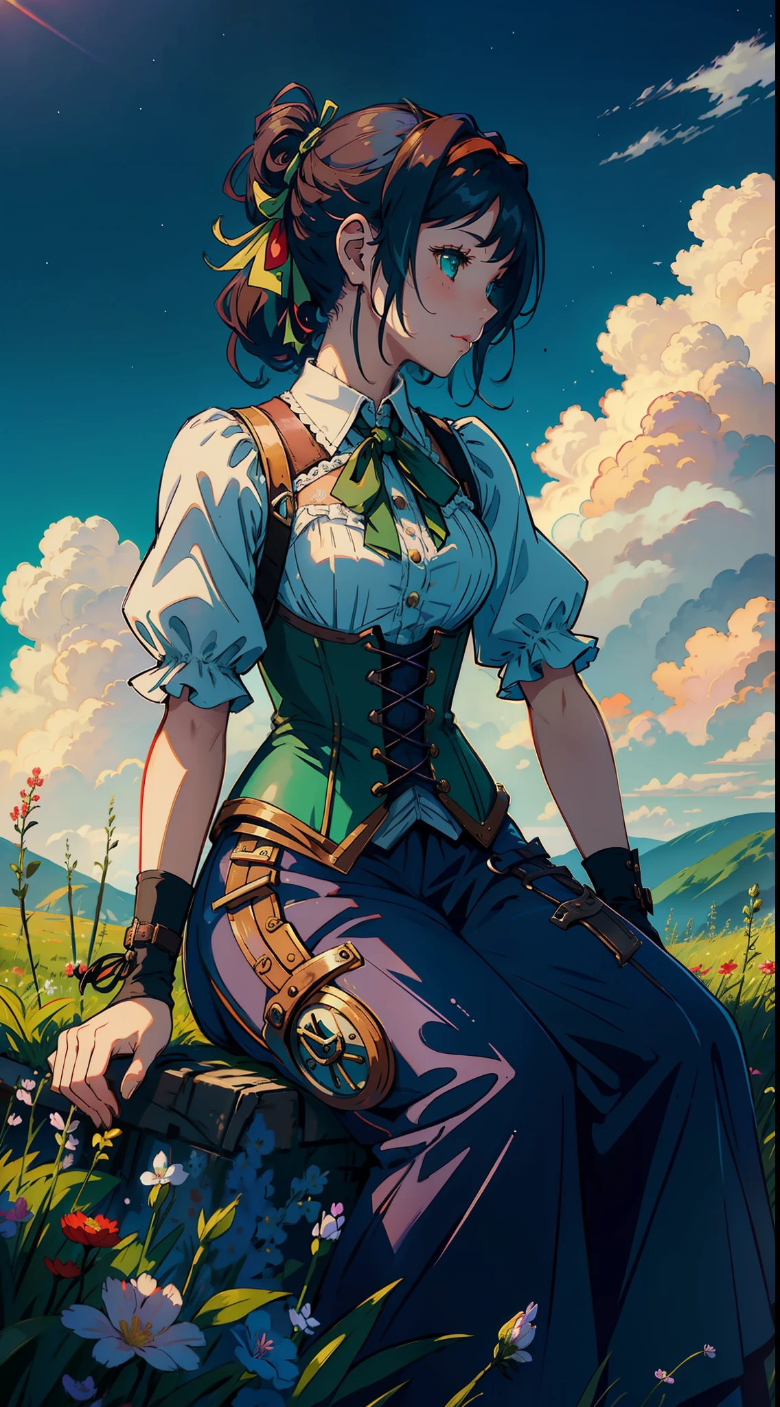 (amidst the clouds:1.3),highly detailed steampunk watch in vintage style, girl sitting on a cloud admiring the clock,(1girl),multicolored hair tied with ribbon, blue:1.3+green:1.3+red:1.2+lilac+yellow:1.3, white outfit with corset, gorgeous facial expression,skyrim sky+night stars+warm glows,colorful flowers in the foreground,stretching backwards in an open field.