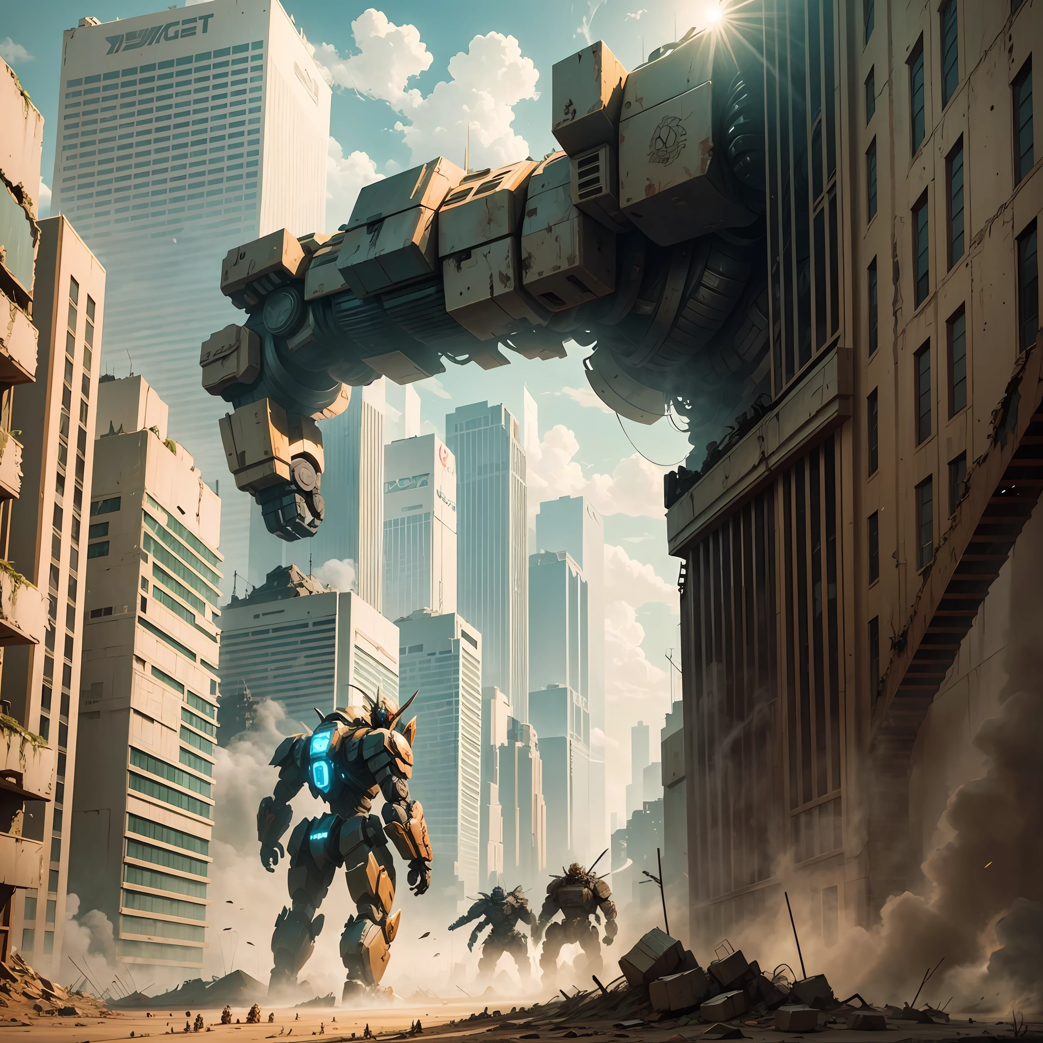 Create an illustration of an epic battle in a post-apocalyptic world, with giant robots battling a human resistance." --auto --s2