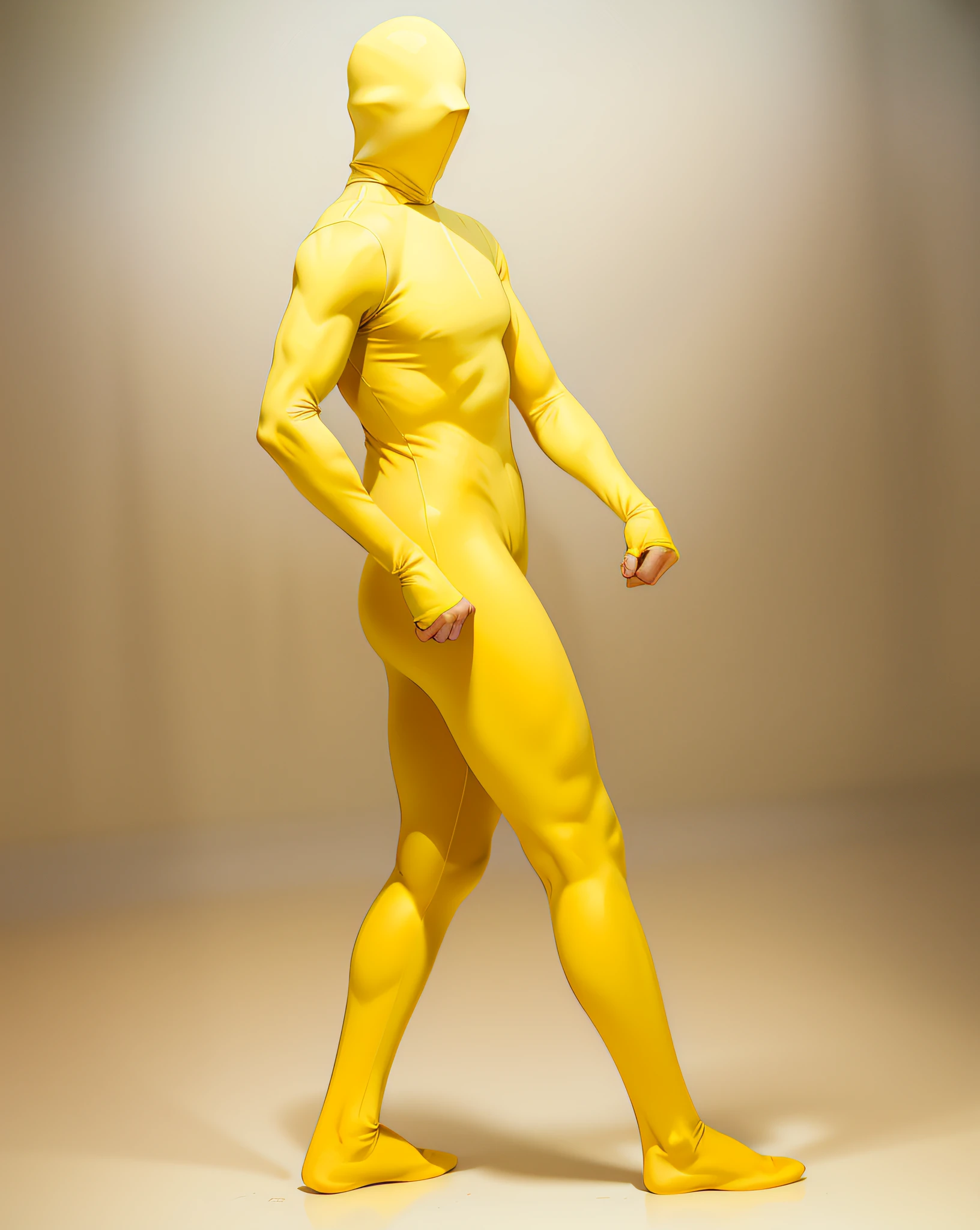 Man in yellow bodysuit walking, man in yellow full body suit, zentai suit, yellow leotard costume, skin tight suit, bodysuit, lycra costume, tight full body suit, full bodysuit, yellow leotard costume, spandex suit, yellow body close up